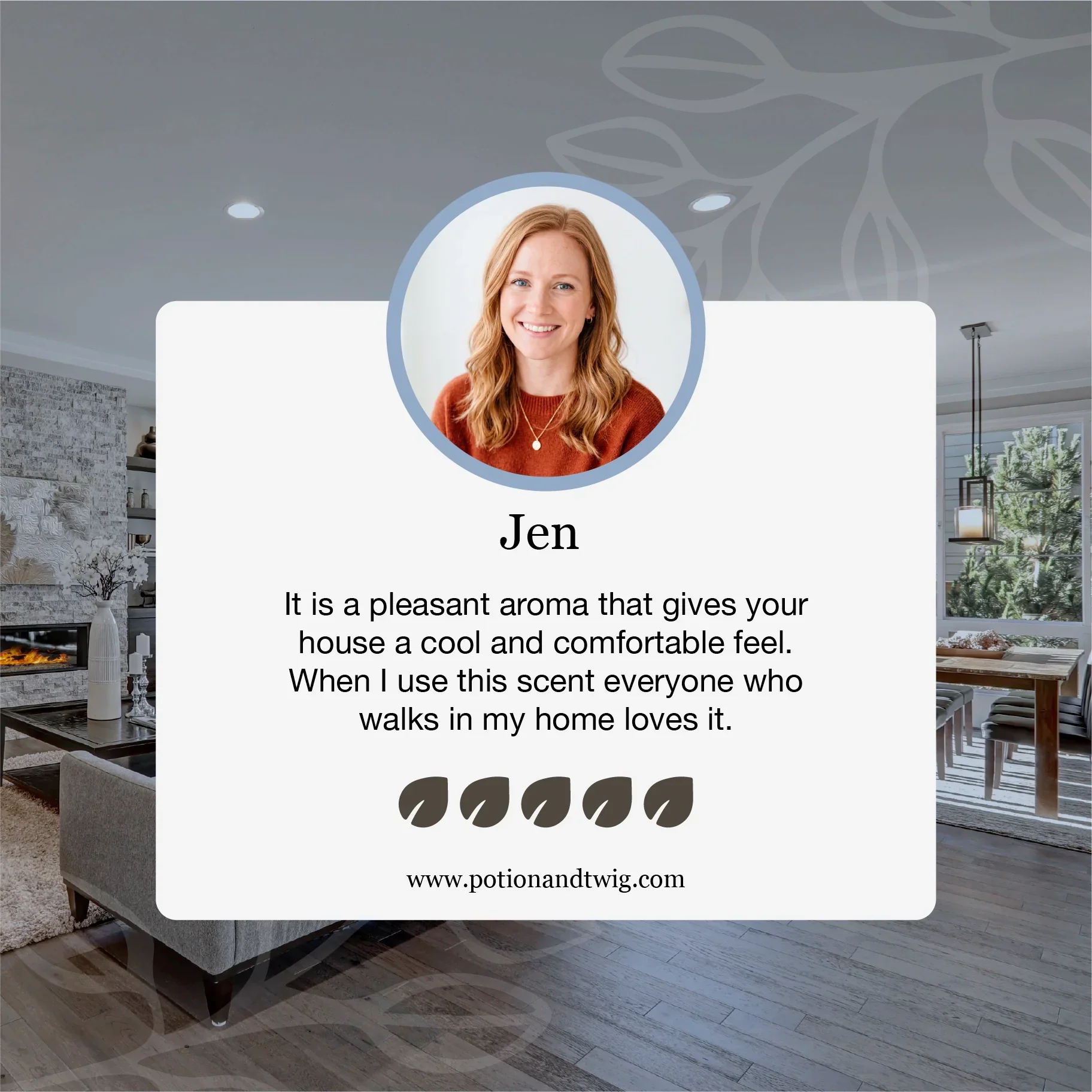 Person with a pleasant aroma description overlay in a living room setting