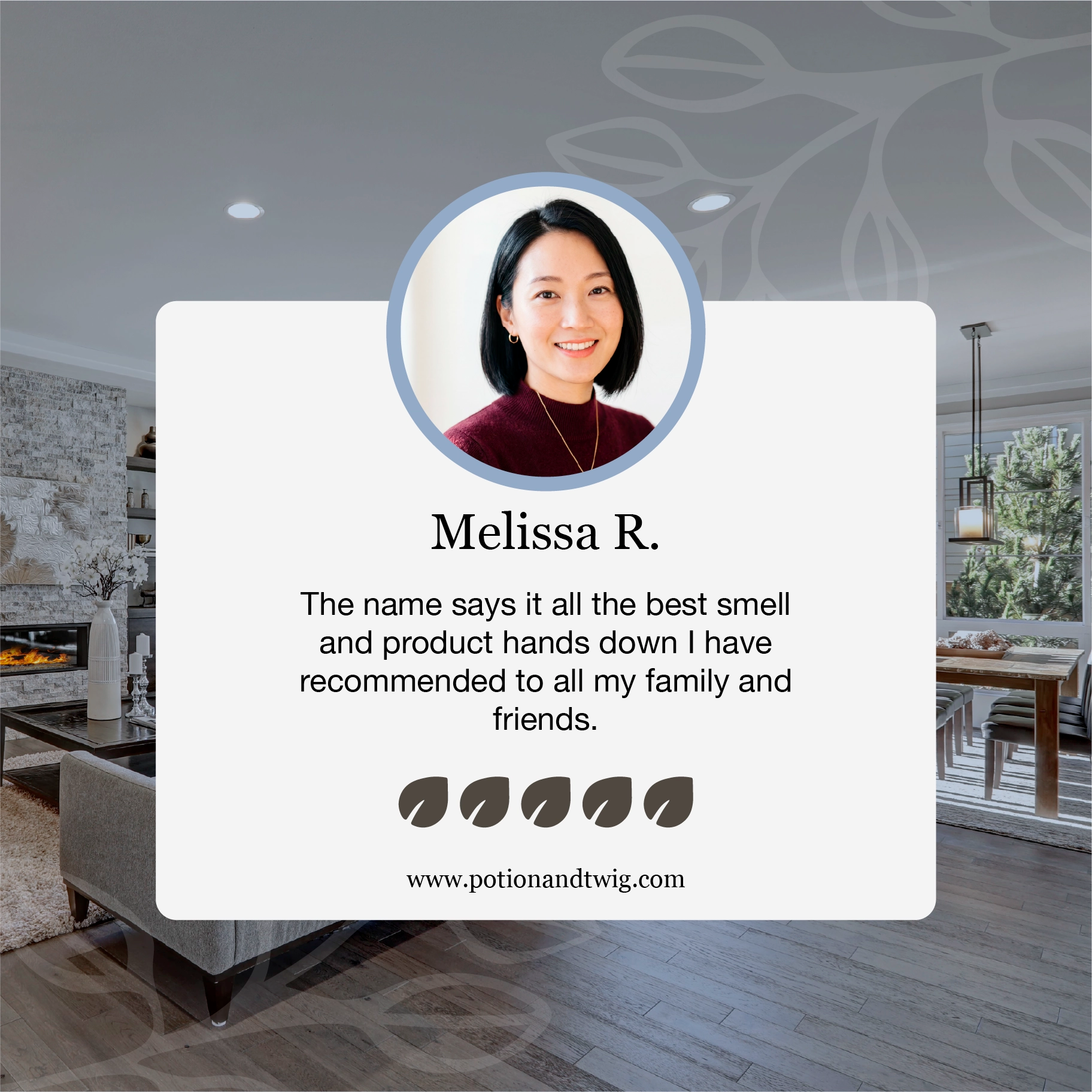 Product review card with a woman's face and text in a living room setting