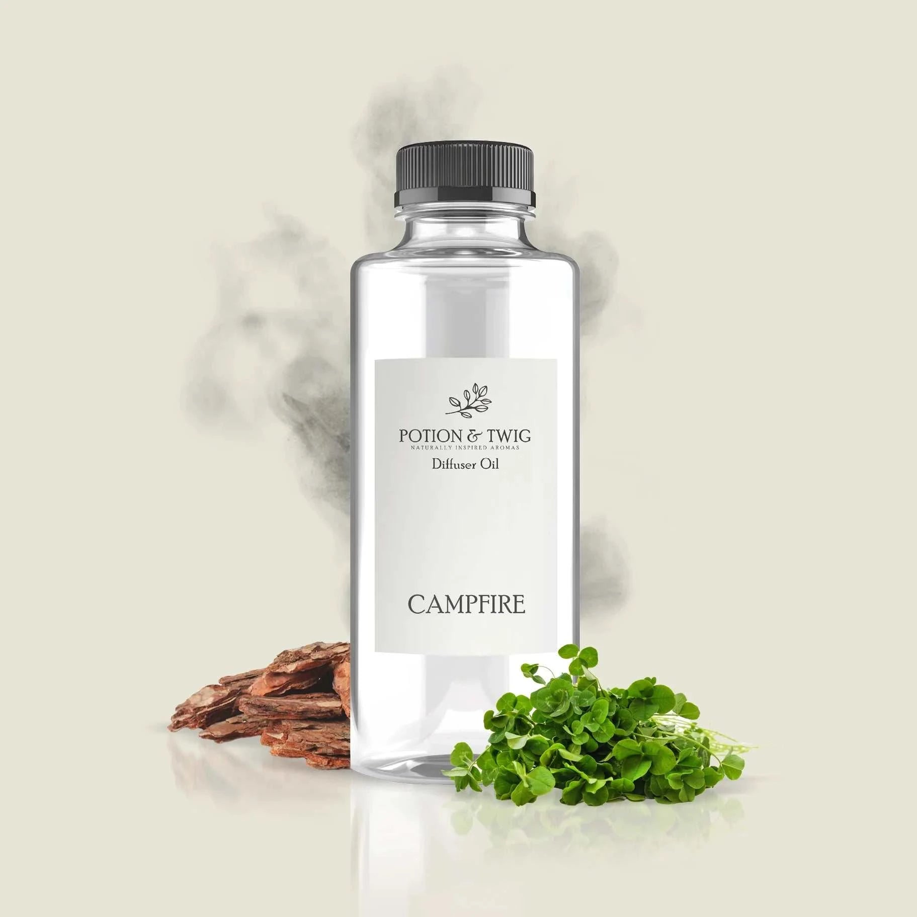 Warm campfire glowing with smoke, cedarwood, clover, and musk aromas