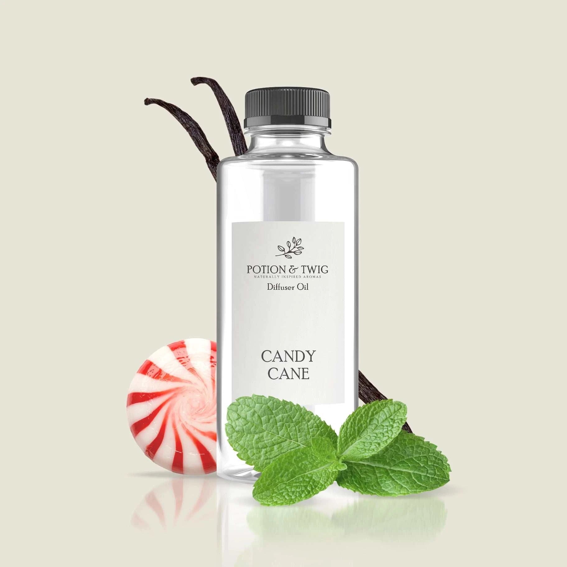 Close-up of a red and white striped candy cane with peppermint and spearmint essence