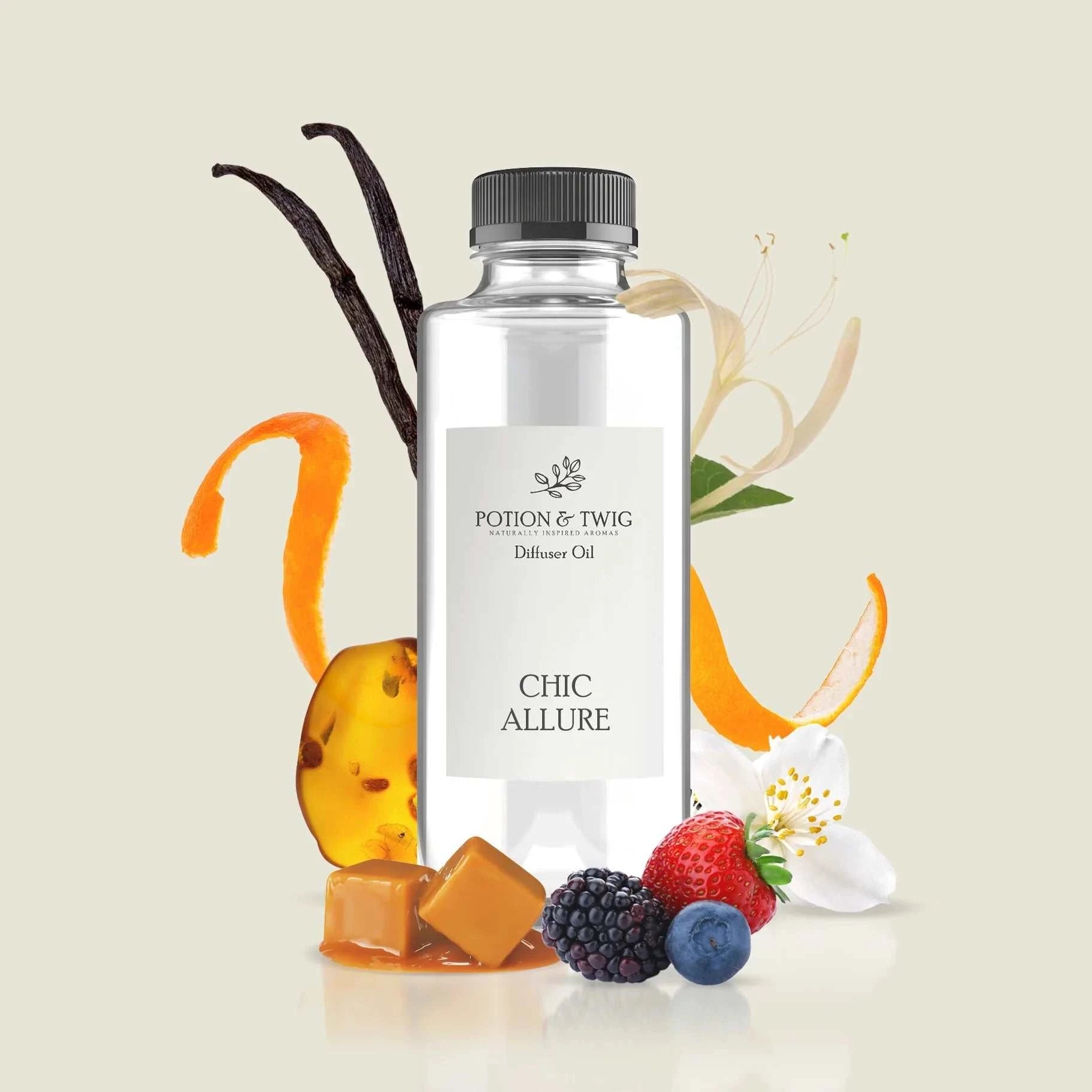Chic Allure perfume bottle surrounded by berries, mandarin orange, and floral elements with amber and vanilla accents
