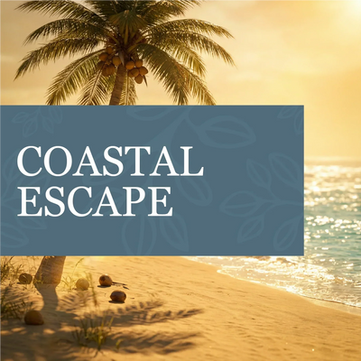 Coastal Escape fragrance collection graphic with white lettering on a blue panel over a golden tropical beach scene
