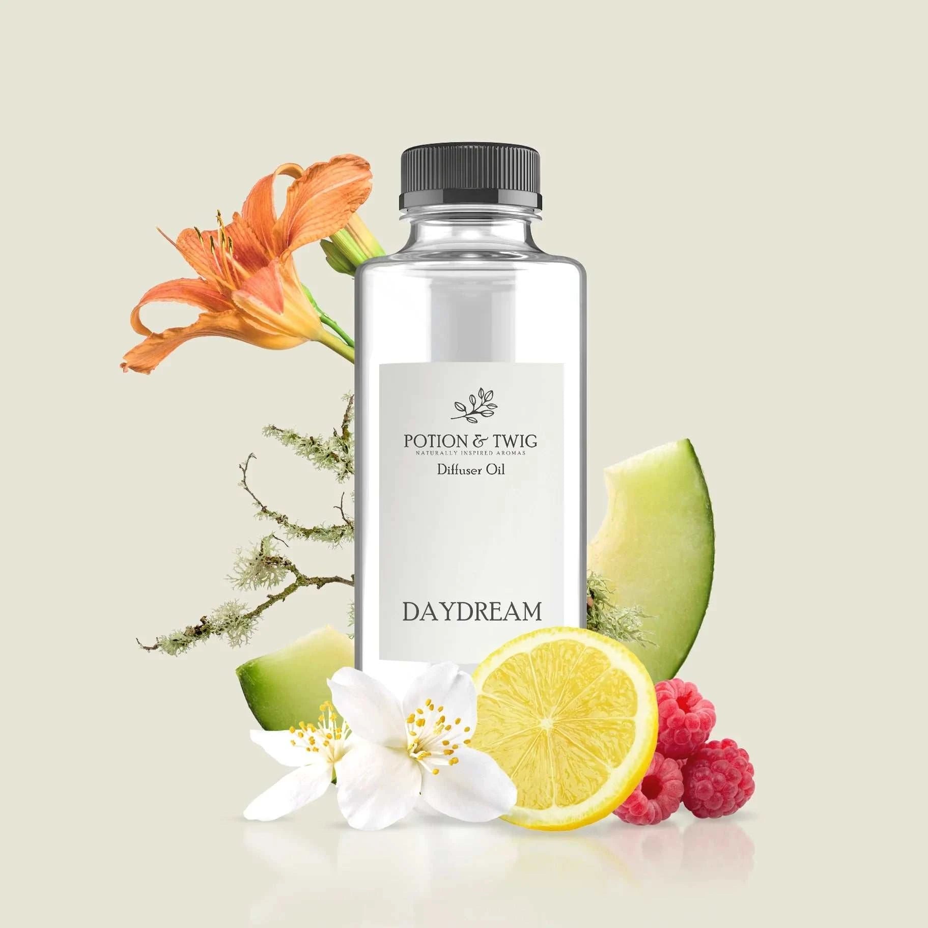 Daydream fragrance bottle with lemon, green melon, lily, jasmine, raspberry, oakmoss, and musk notes inspired by Wynn Las Vegas