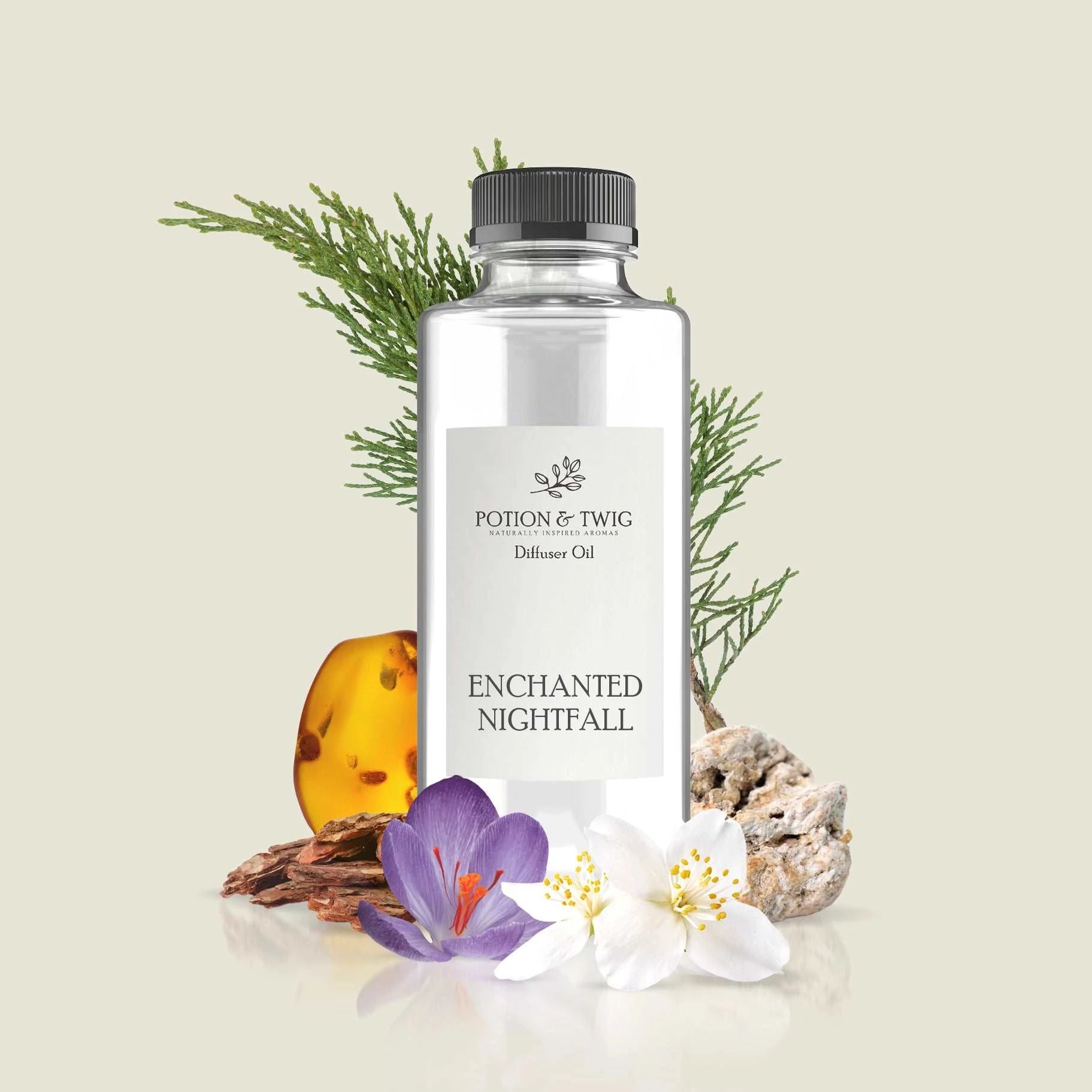 Enchanted Nightfall perfume with jasmine, saffron, cedar, fir, amberwood, and ambergris notes