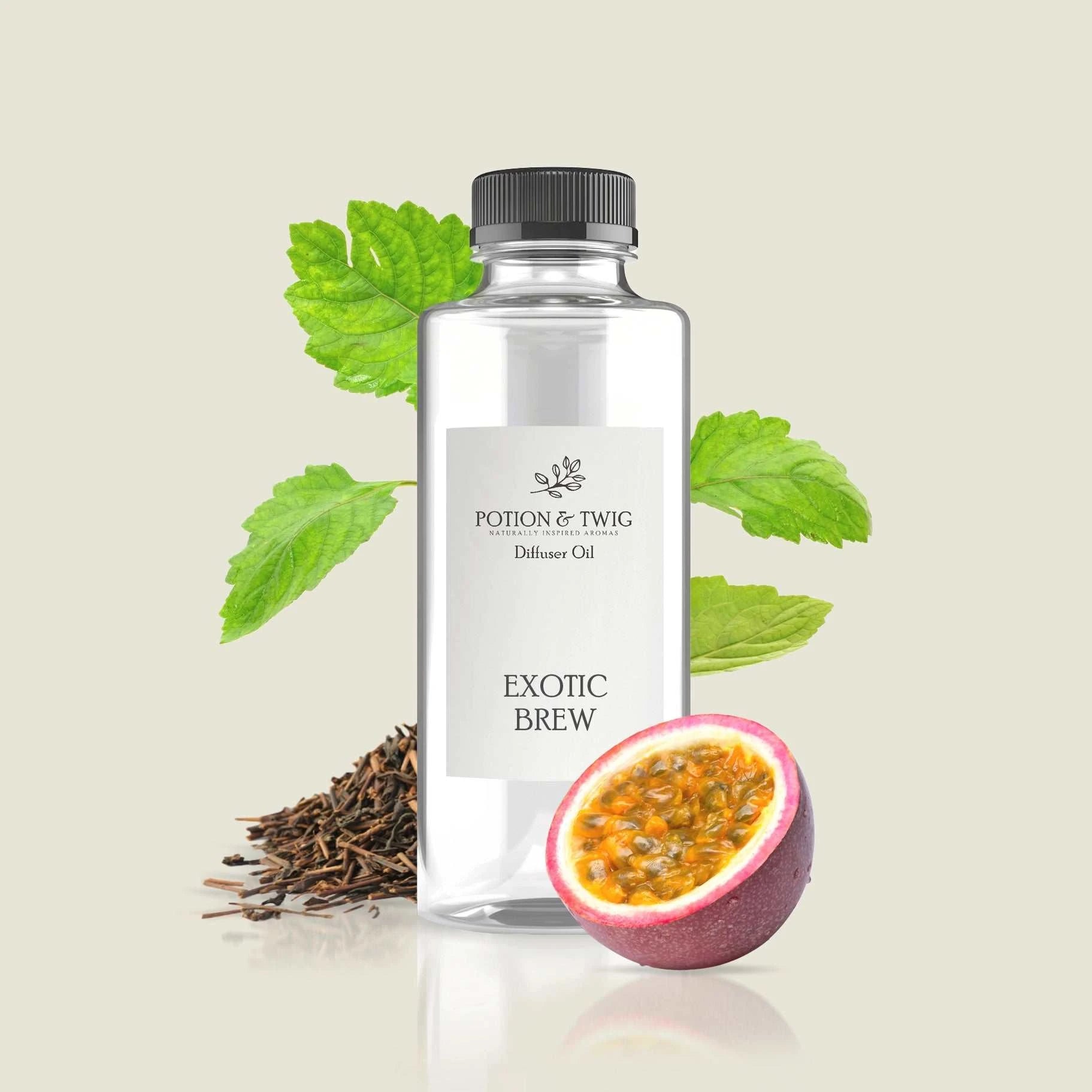 Exotic Brew passion fruit and patchouli tea blend in a glowing cup