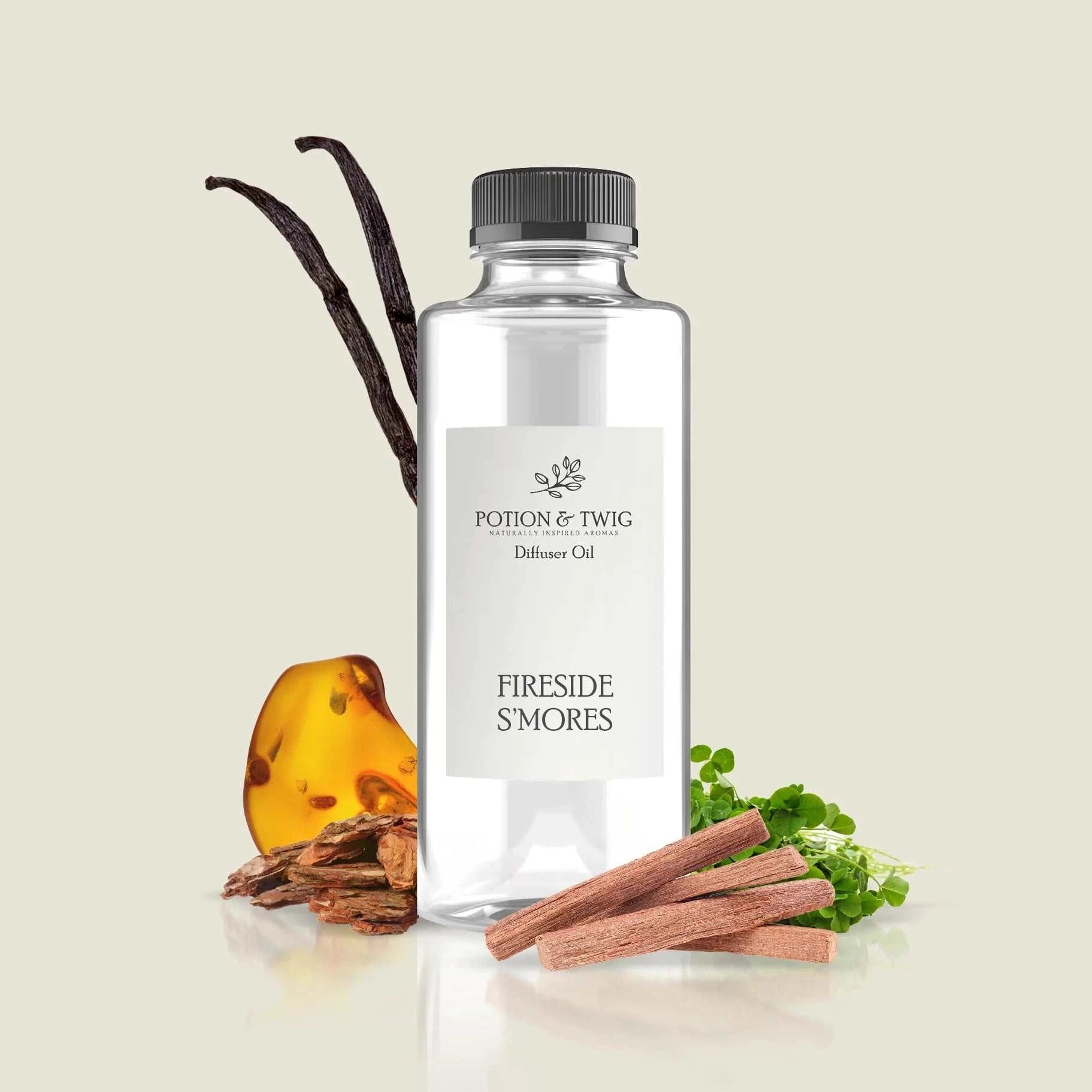 Smoky fireside s'mores with warm amber and sandalwood fragrance