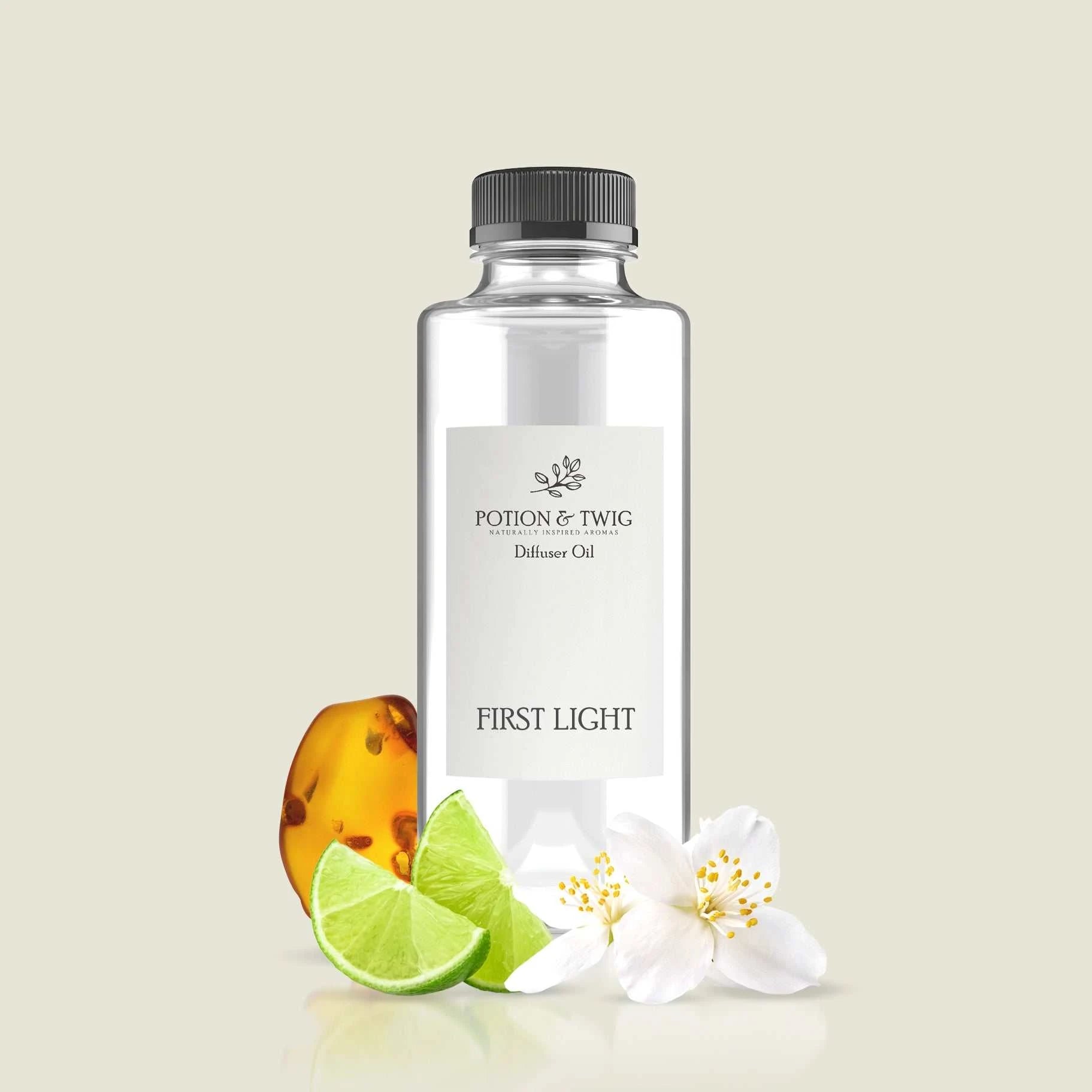 Bright sunrise with lime, jasmine, and amber notes evoking First Light fragrance