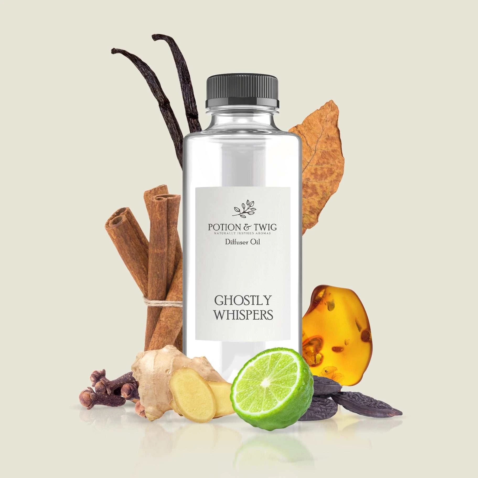 Ghostly Whispers fragrance bottle with tobacco leaves, bergamot, ginger, clove, cinnamon, vanilla, amber, and tonka notes background