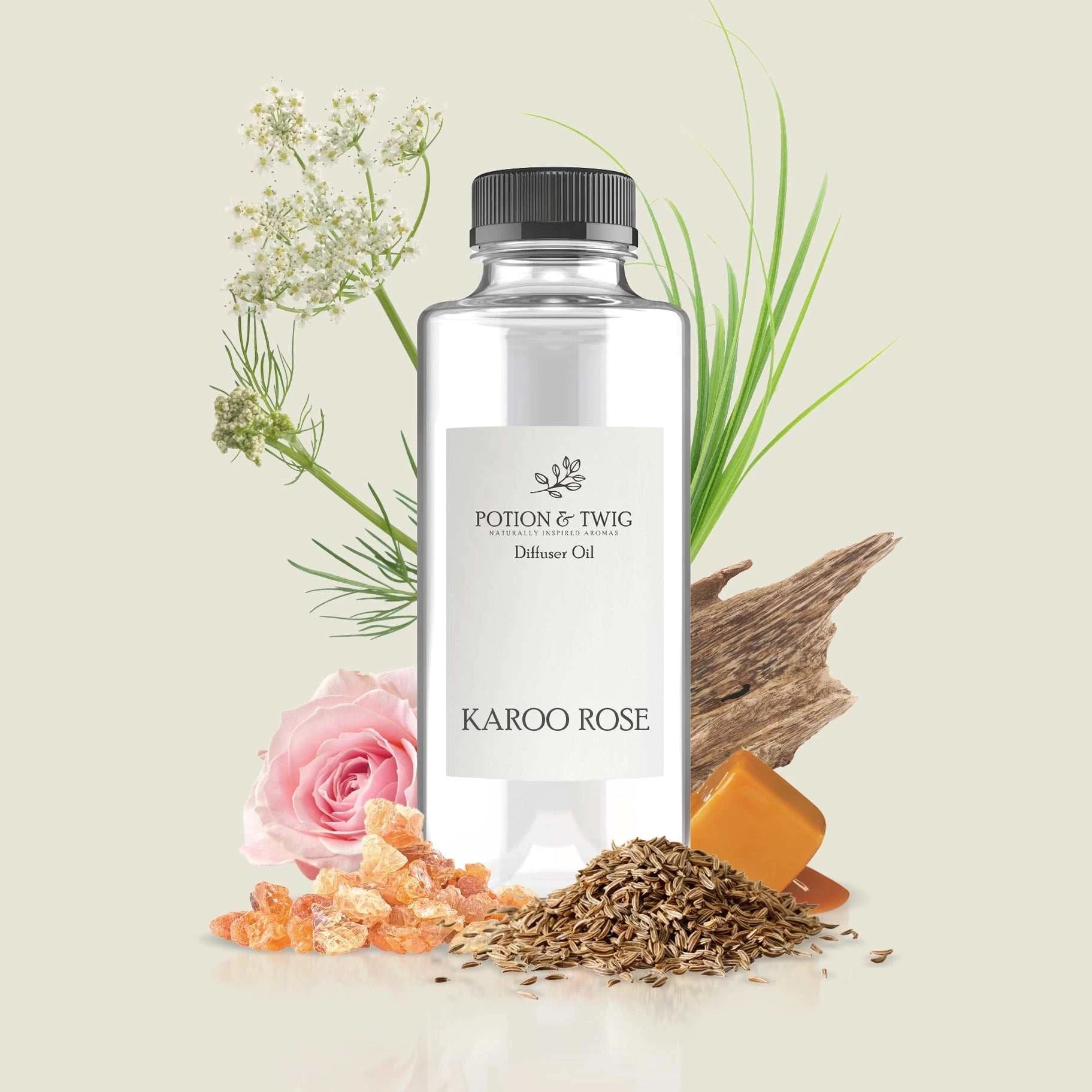 Karoo Rose perfume bottle with elegant floral and woody fragrance elements