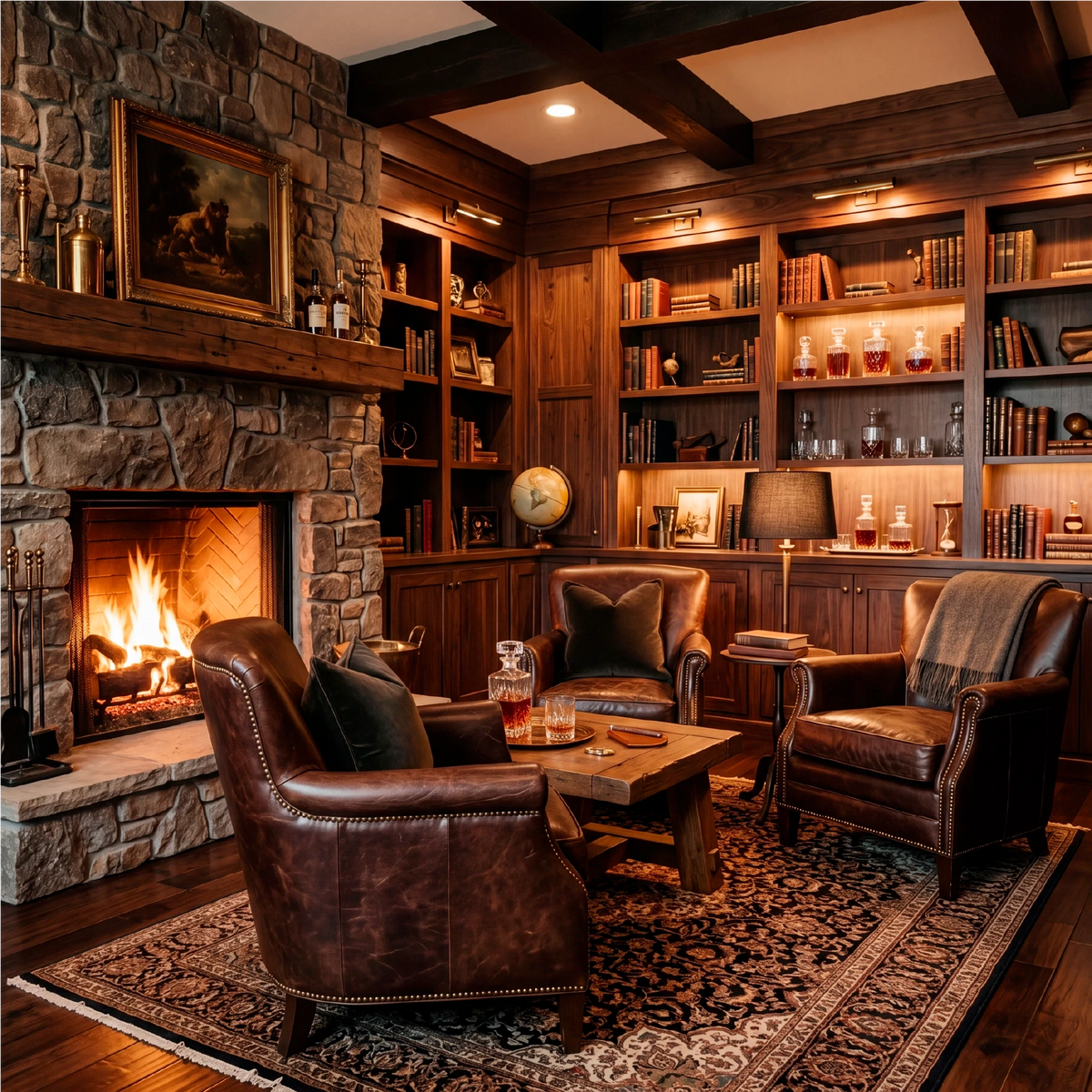 Cozy living room with stone fireplace, leather chairs, and bookshelves.