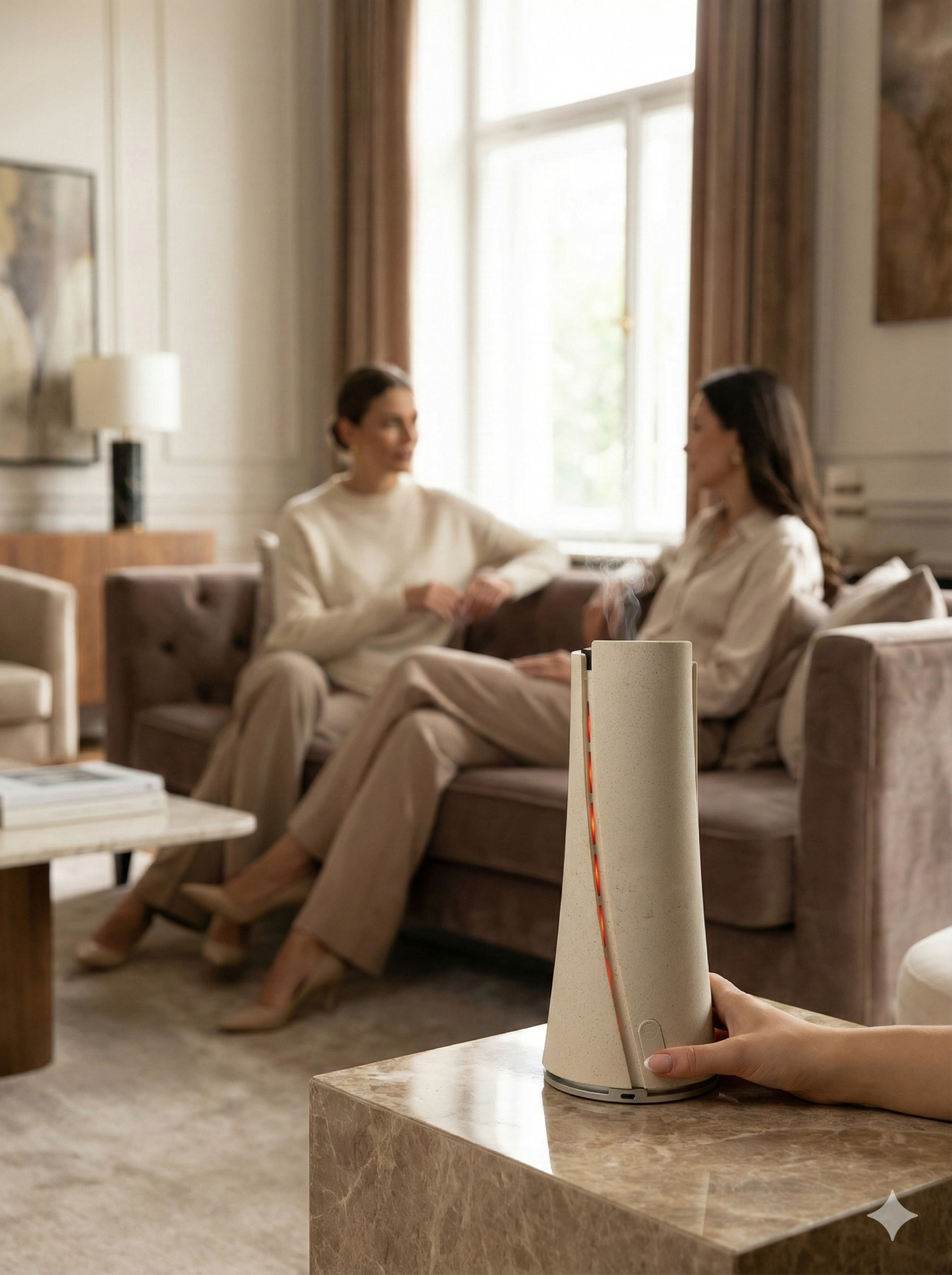 Two women sitting on a couch in a living room with a Lumen scent diffuser on a coffee table.