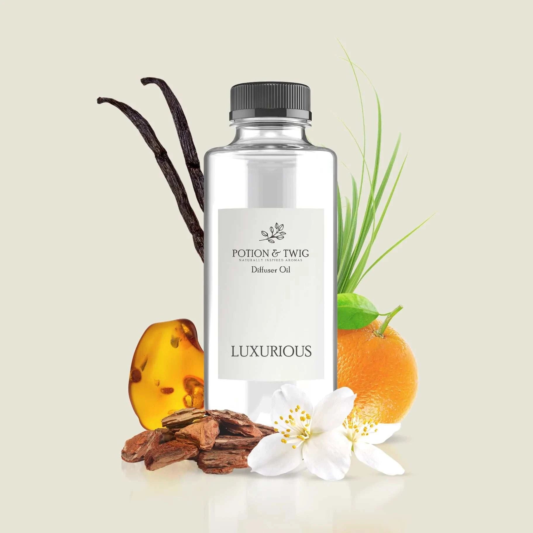 Luxurious fragrance bottle with vibrant Italian bergamot, orange blossom, tuberose, jasmine, amber, vanilla, and musk elements