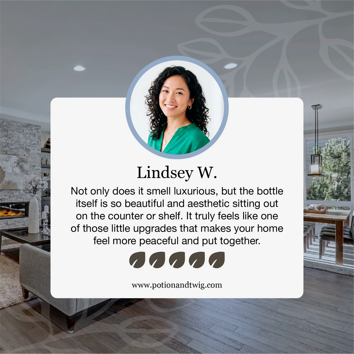 Luxury Room Spray customer review graphic with portrait, five-leaf rating, and a bright modern living room background