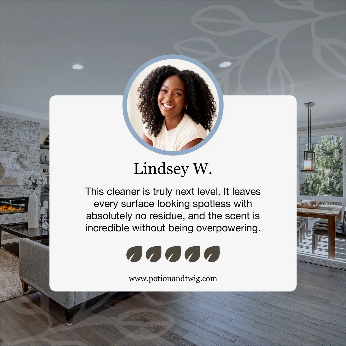Luxury Surface Cleaner customer review graphic with a circular portrait, spotless-cleaning testimonial, and home interior