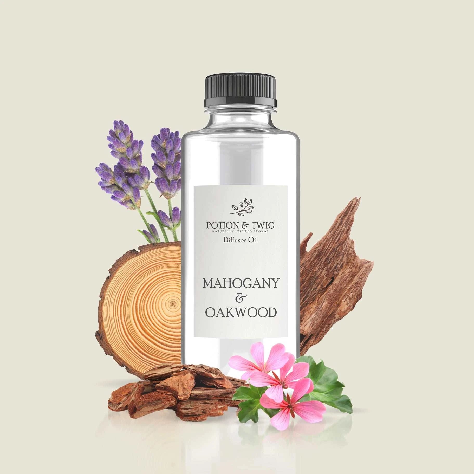 Bottle of Mahogany & Oakwood fragrance with notes of lavender, geranium, mahogany, cedar, and oakwood
