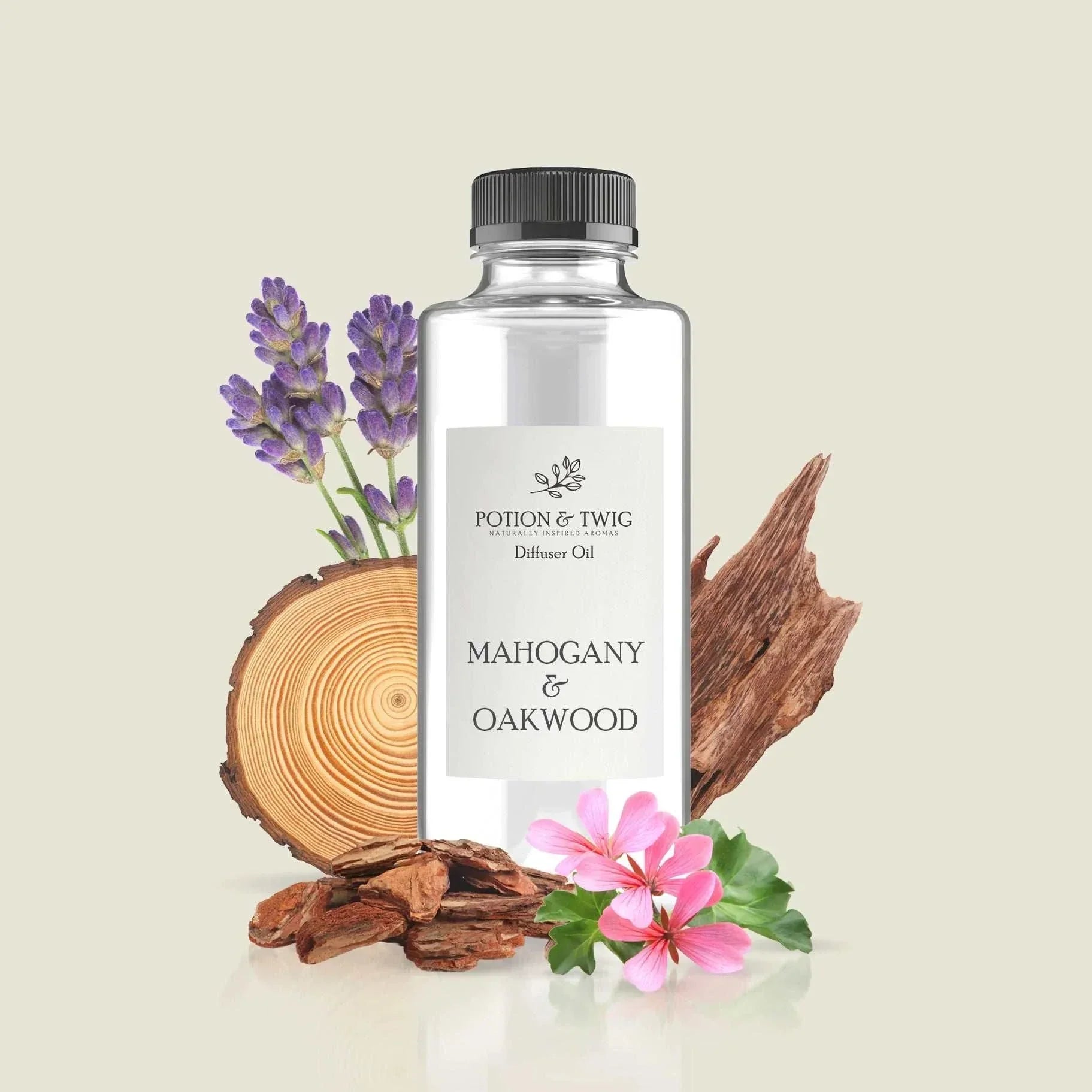 Bottle of Mahogany & Oakwood fragrance with notes of lavender, geranium, mahogany, cedar, and oakwood