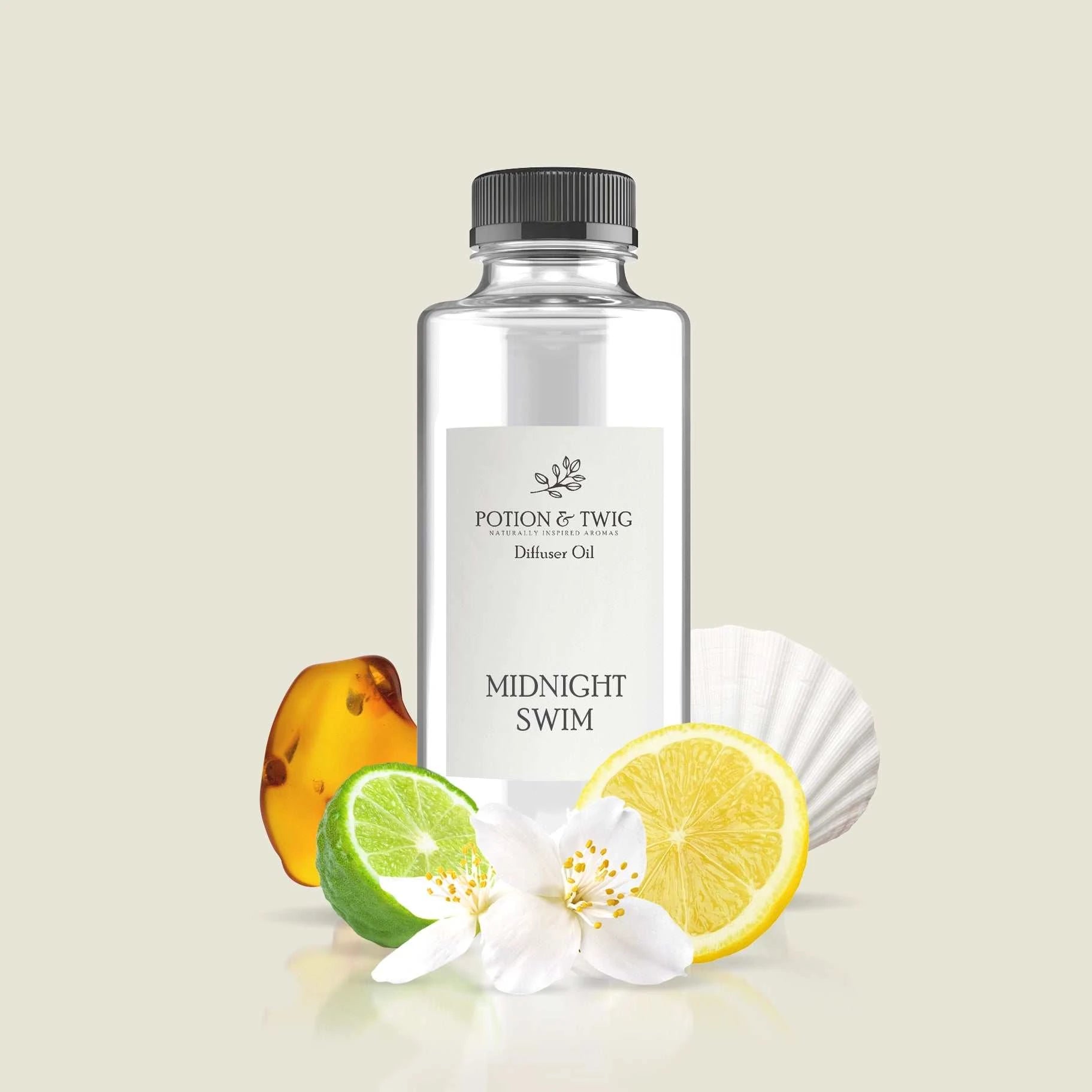 Bottle of Midnight Swim fragrance inspired by Ritz Carlton's Escapade with citrus and ocean notes
