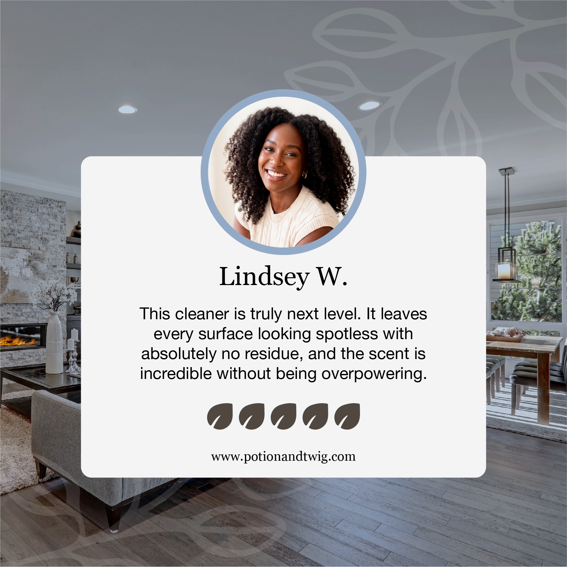 Living room with a woman's face in a circular inset and text about a cleaner, with a gray wall and furniture in the background.