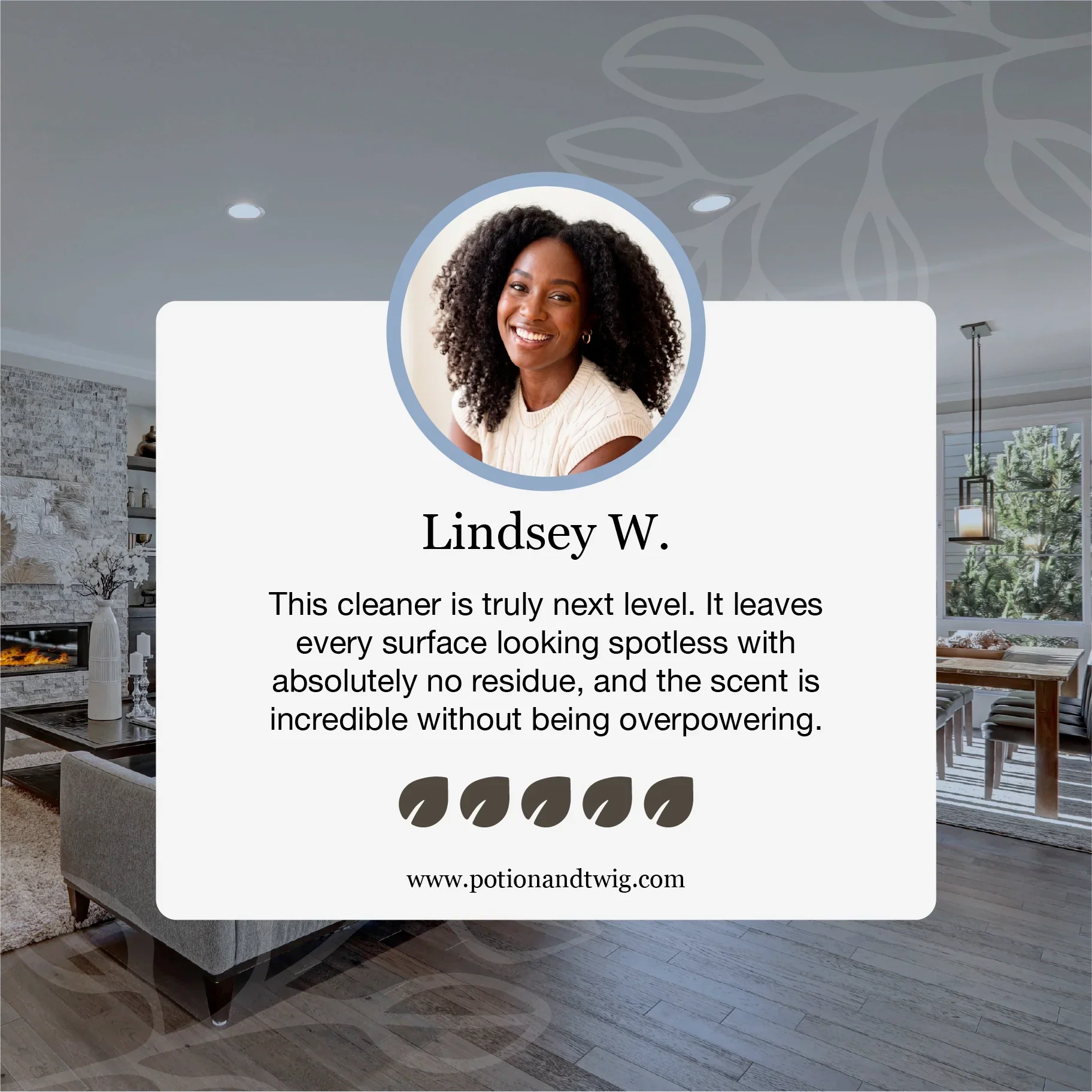 Living room with a woman's face in a circular inset and text about a cleaner, with a gray wall and furniture in the background.