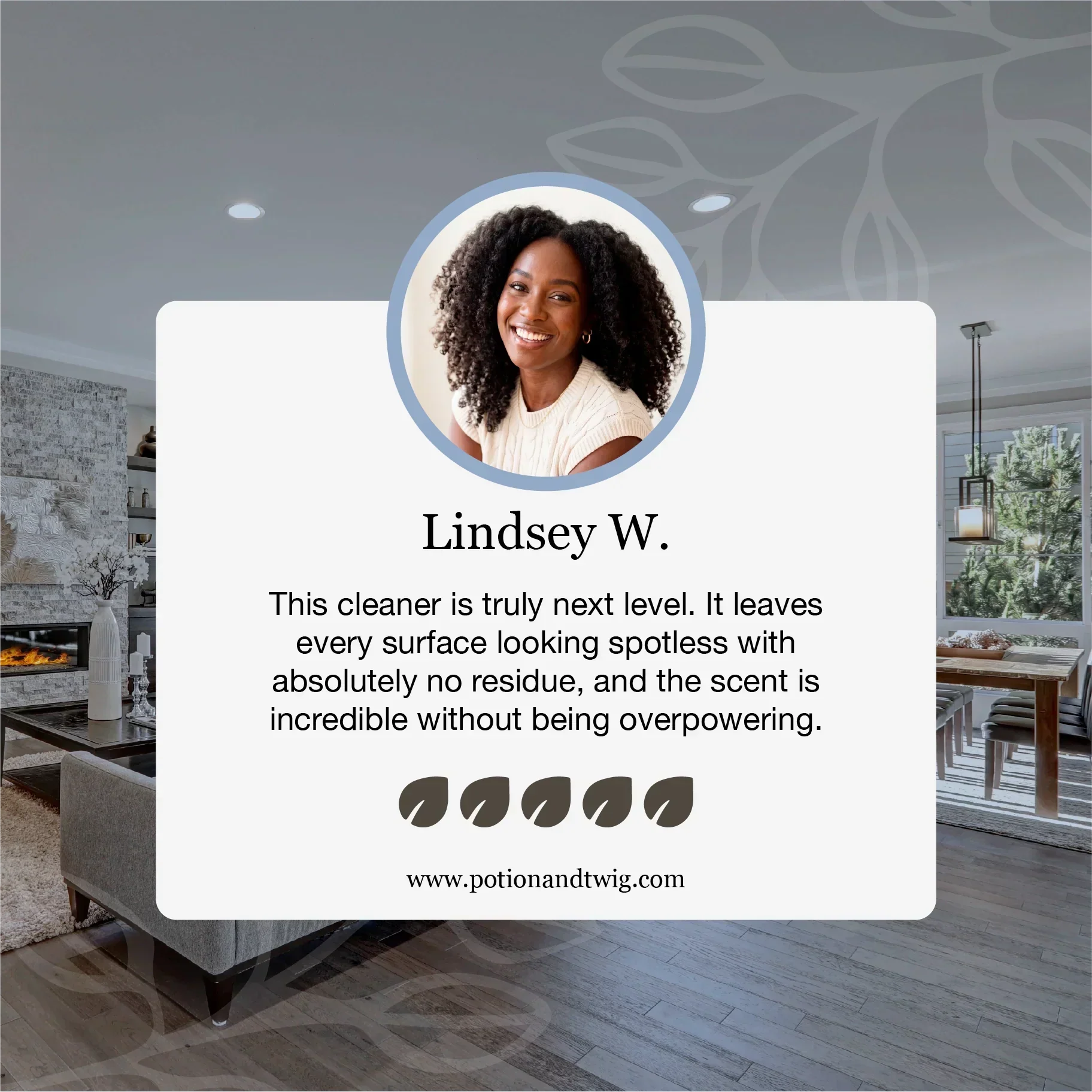 Living room with a woman's face in a circular inset and text about a cleaner, with a gray wall and furniture in the background.