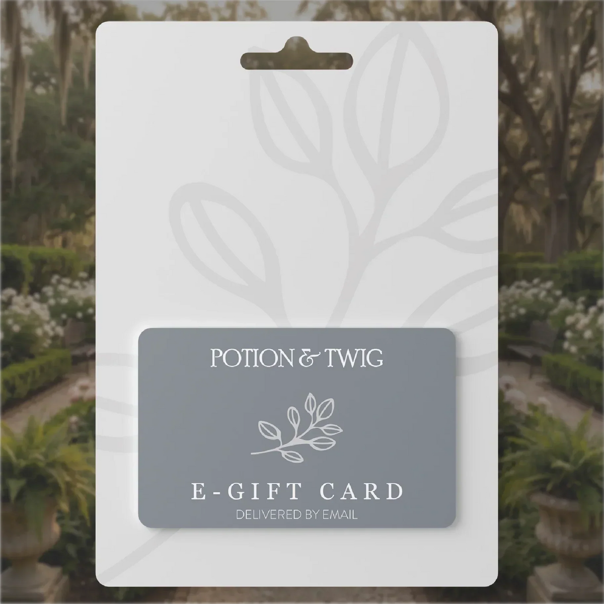 Potion & Twig Gift Card shown as a grey digital gift card with white botanical branch artwork and lettering