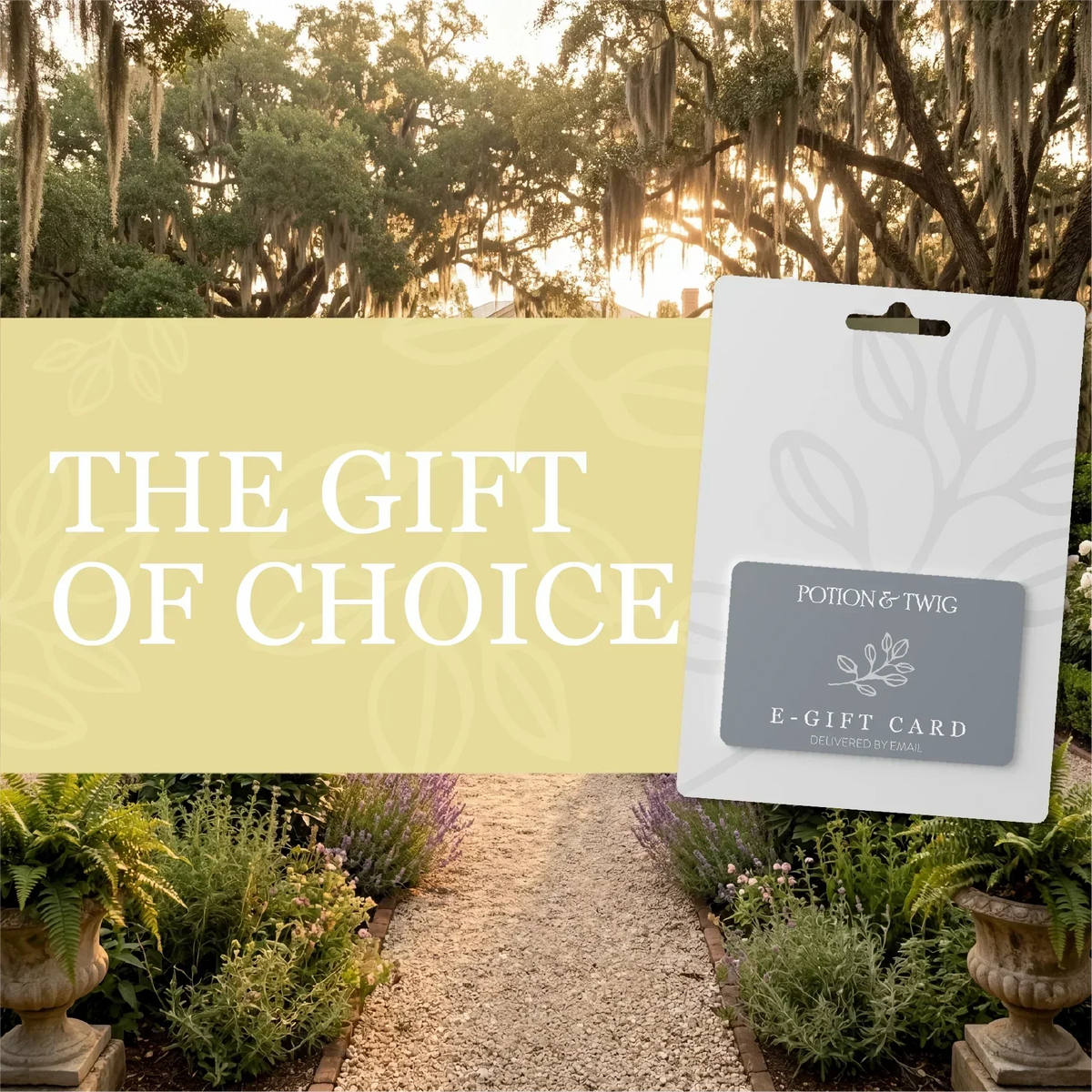 Potion & Twig Gift Card shown as a grey E-gift card on a pale botanical card with a hanging slot