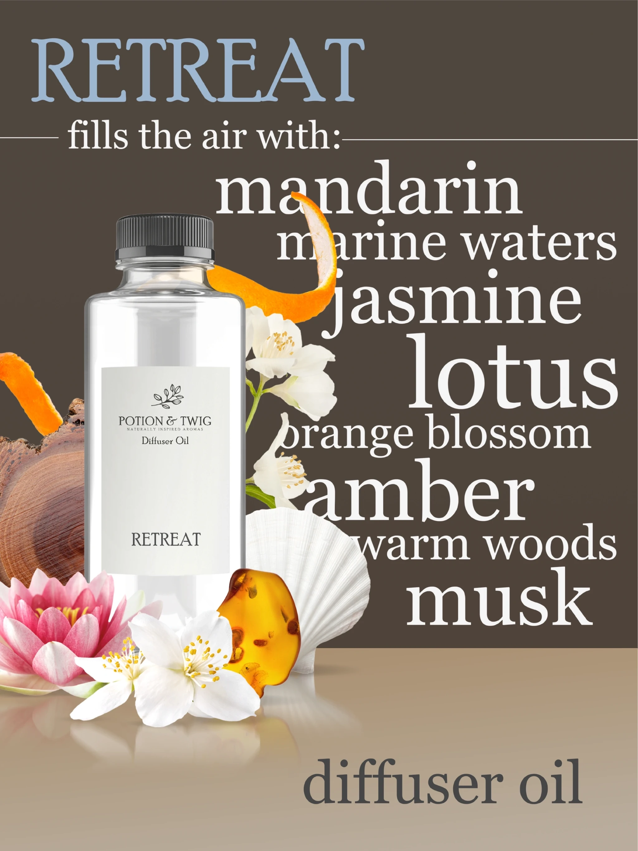 Diffuser Oil bottle called Retreat with all the scent notes