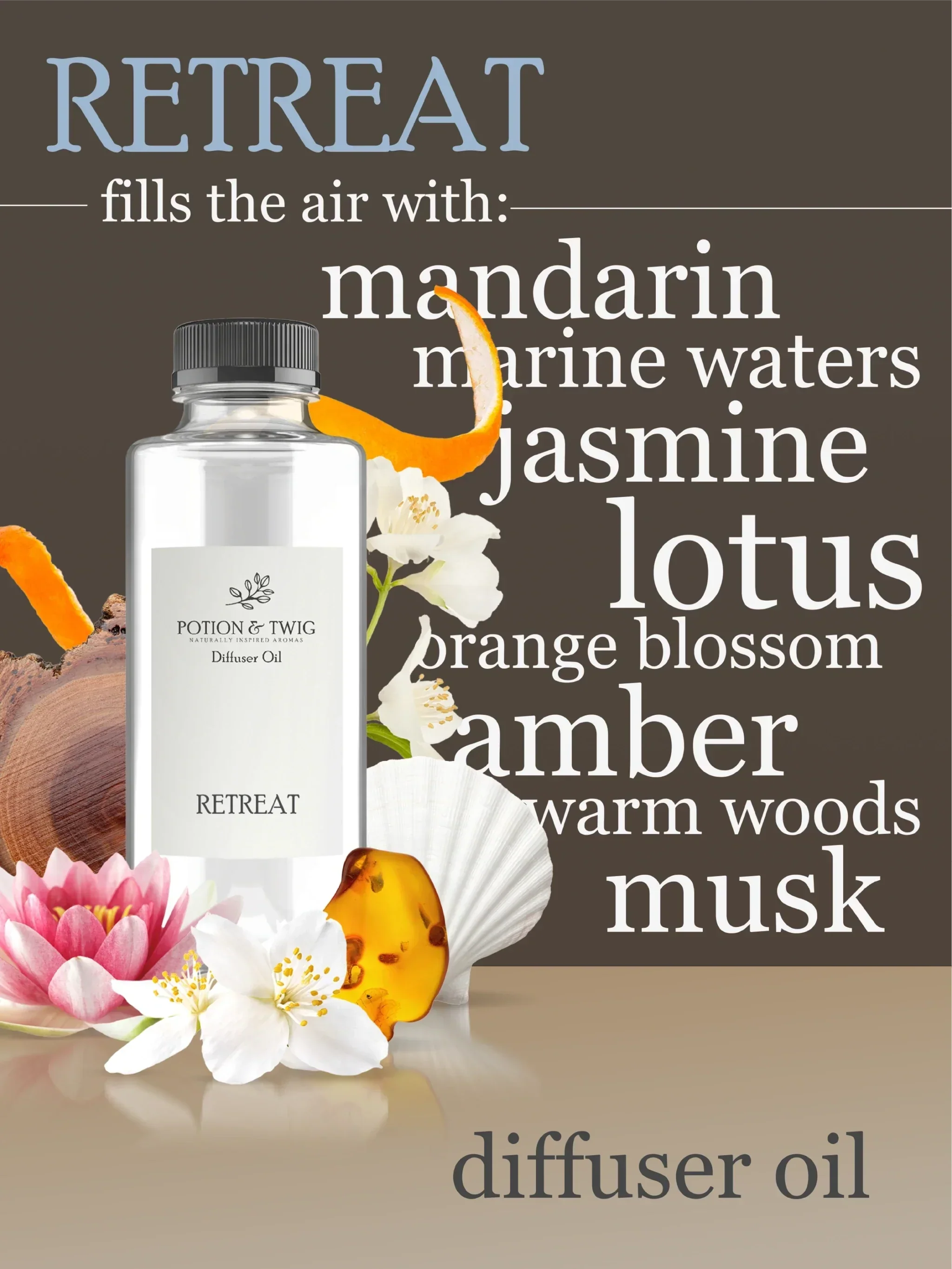 Diffuser Oil bottle called Retreat with all the scent notes