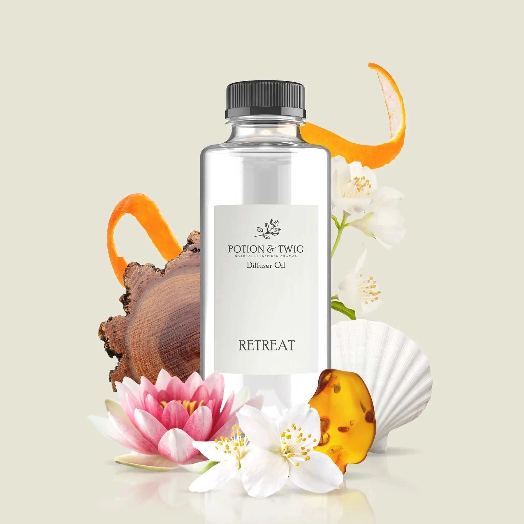 Calming Retreat fragrance with ocean air, warm woods, and golden amber creating a serene and elegant atmosphere