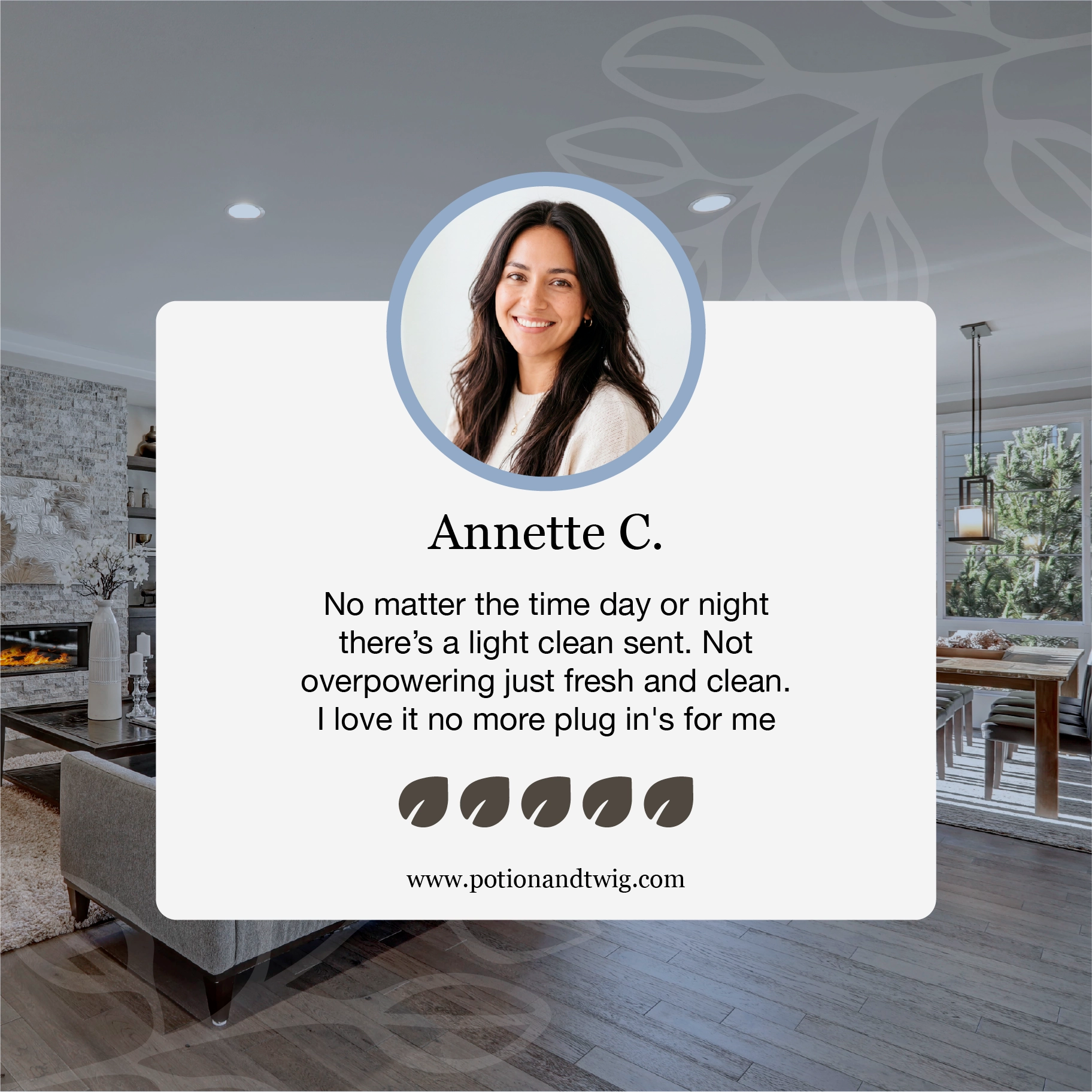 Advertisement with a woman's face and product description in a living room setting