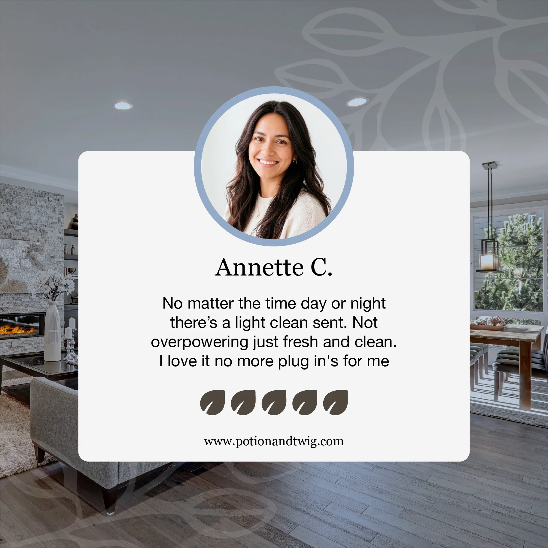 Advertisement with a woman's face and product description in a living room setting