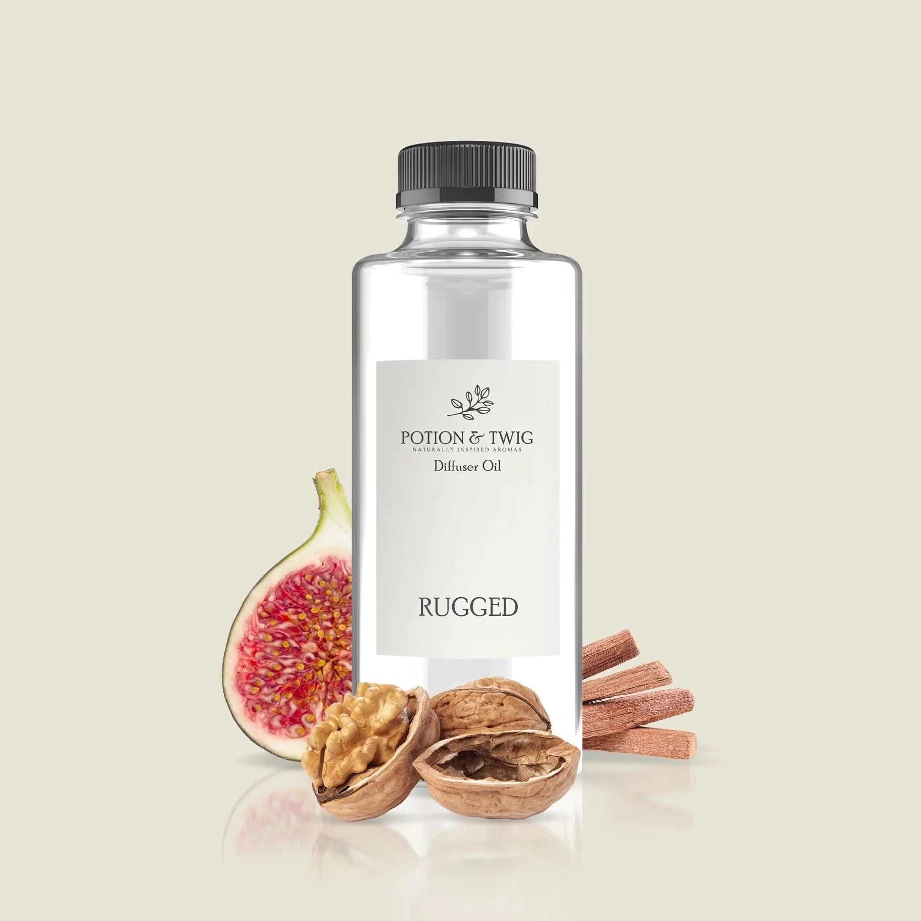 Bottle of Rugged aromatic cologne with walnut, sandalwood, and fig notes evoking adventure