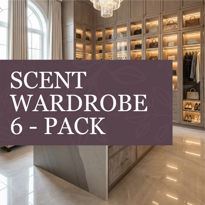 Scent Wardrobe 6-Pack fragrance collection displayed with a plum label over an elegant closet interior