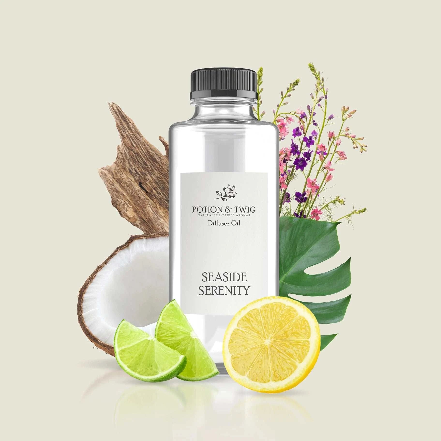 Seaside Serenity fragrance with green, citrus, coconut, floral, driftwood, musk, and woods notes evoking calm coastal air