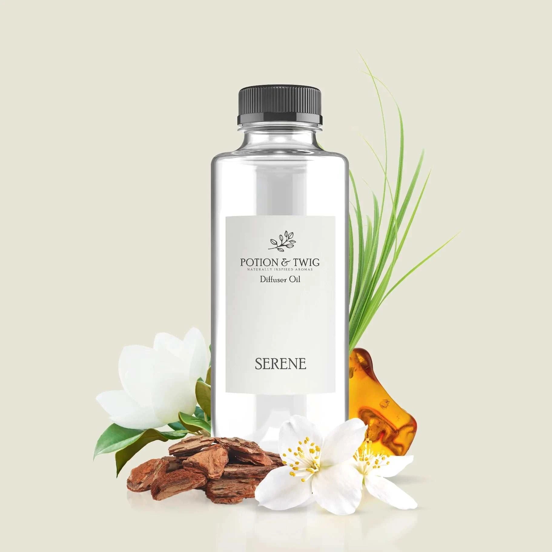 Serene fragrance bottle inspired by Wynn Las Vegas with jasmine, magnolia, cedarwood, vetiver, musk, and amber notes