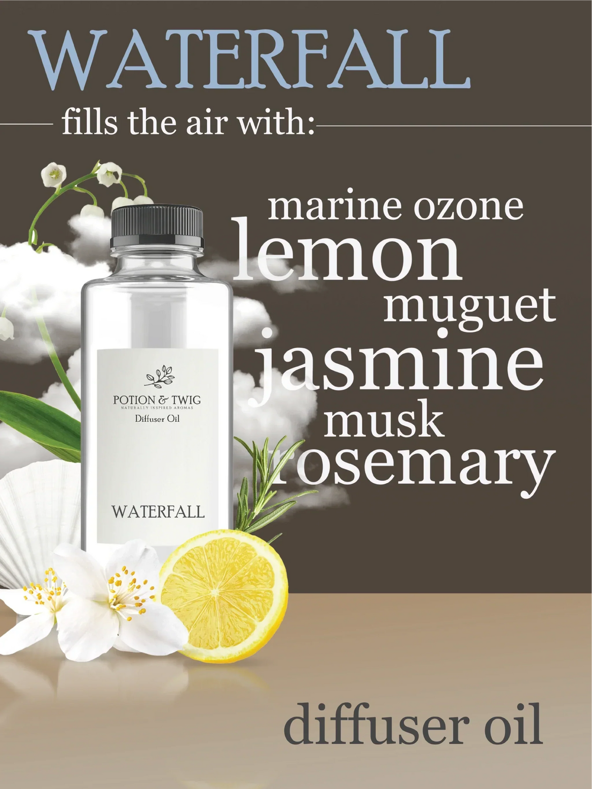 Sienna Diffuser oil bottle labeled Waterfall, with a clear body and black cap beside lemon and white jasmine flowers