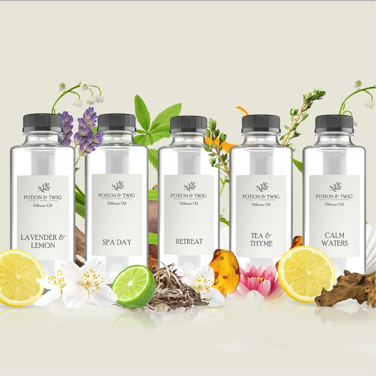Spa and Reset Collection diffuser oil set with five clear bottles, botanical oils and lemon, lime, flowers and herbs