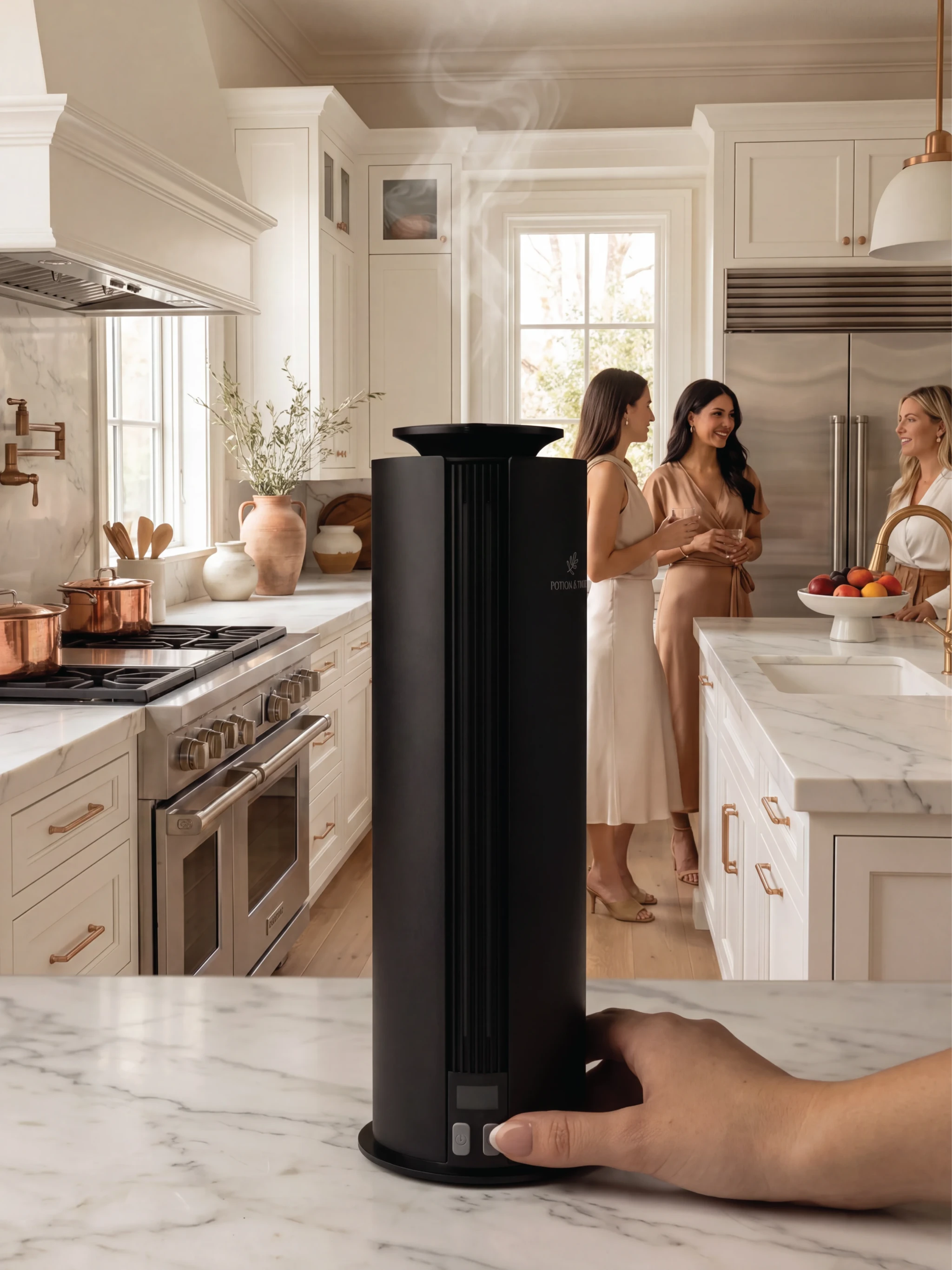 A black diffuser with visible mist from the top, shown in a bright modern kitchen. A hand is touching the base, and three women are standing in the kitchen in the background.