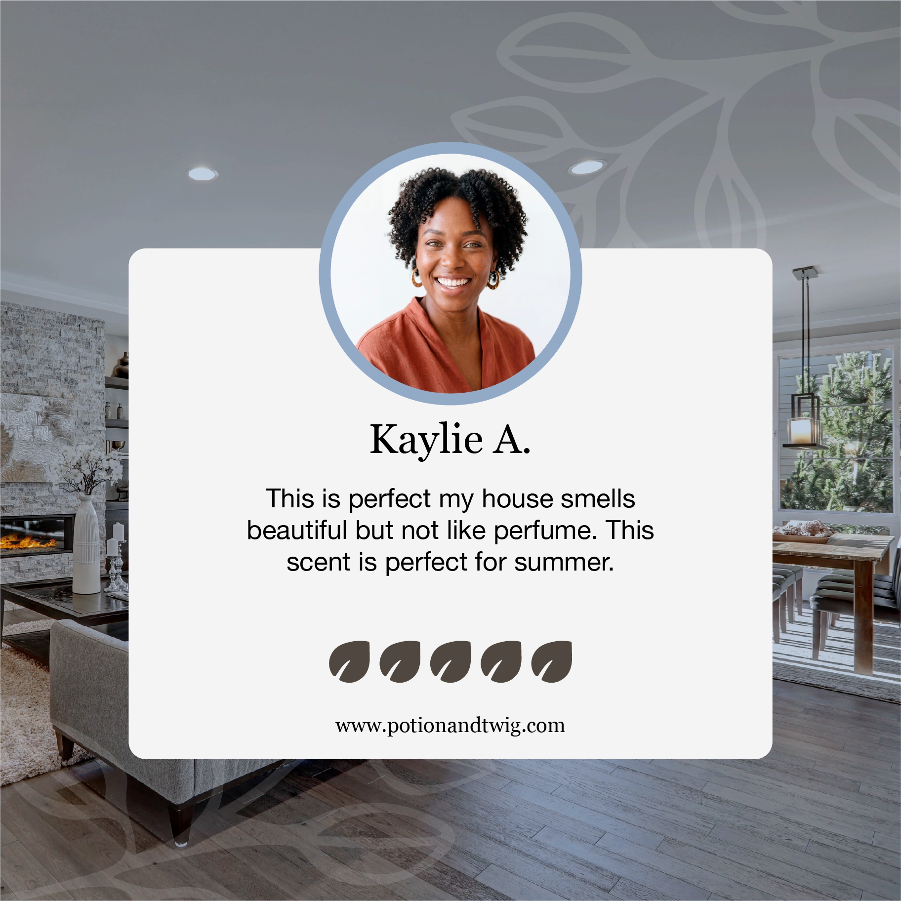 Advertisement for a product with a woman's face and text overlay in a living room setting.