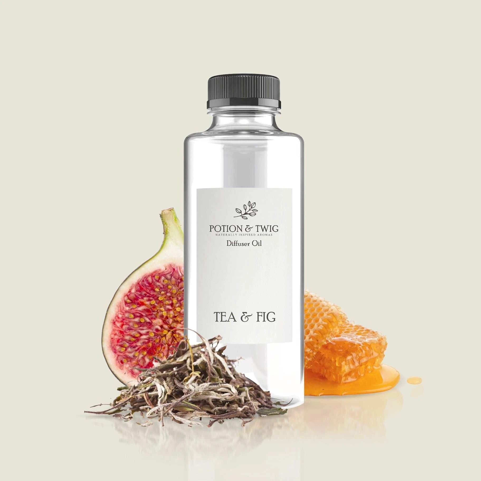 Close-up of lush fig beside white tea leaves representing Tea & Fig fragrance