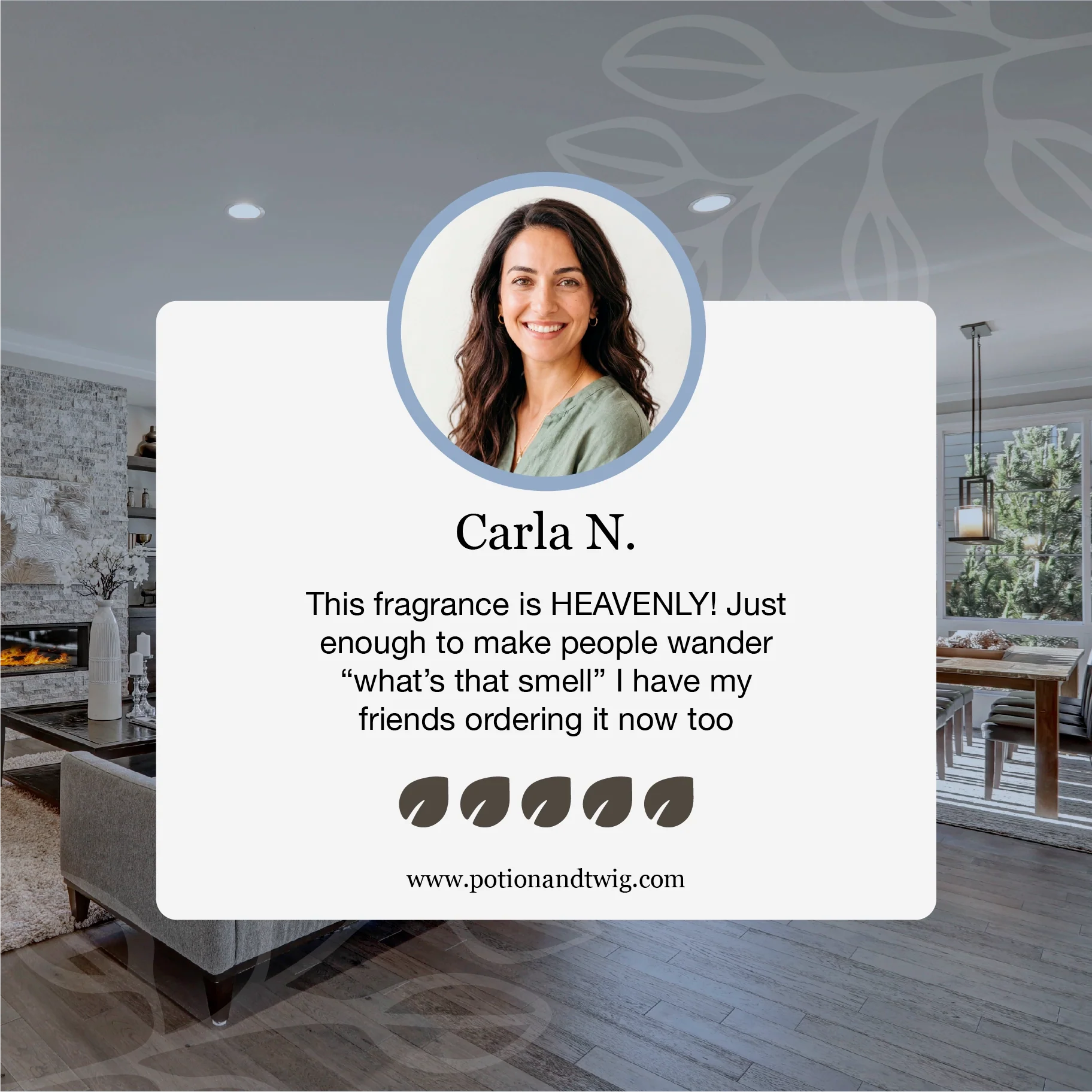 Woman with long hair in a living room setting, with text about a fragrance