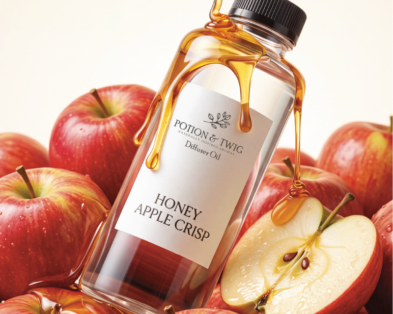 Honey Apple Crisp fragrance oil bottle branded Potion & Twig surrounded by apples and honey being poured on the bottle