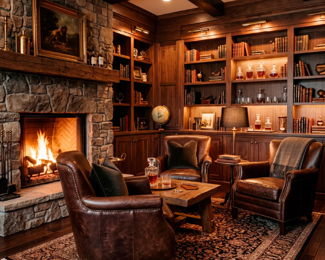 Luxury dark reading room with books, fireplace, and leather chairs.