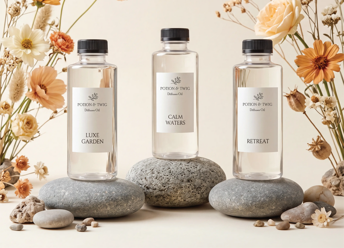 Three Potion and Twig Fragrances sitting on rocks with orange flowers surrounding it. On a tan studio background