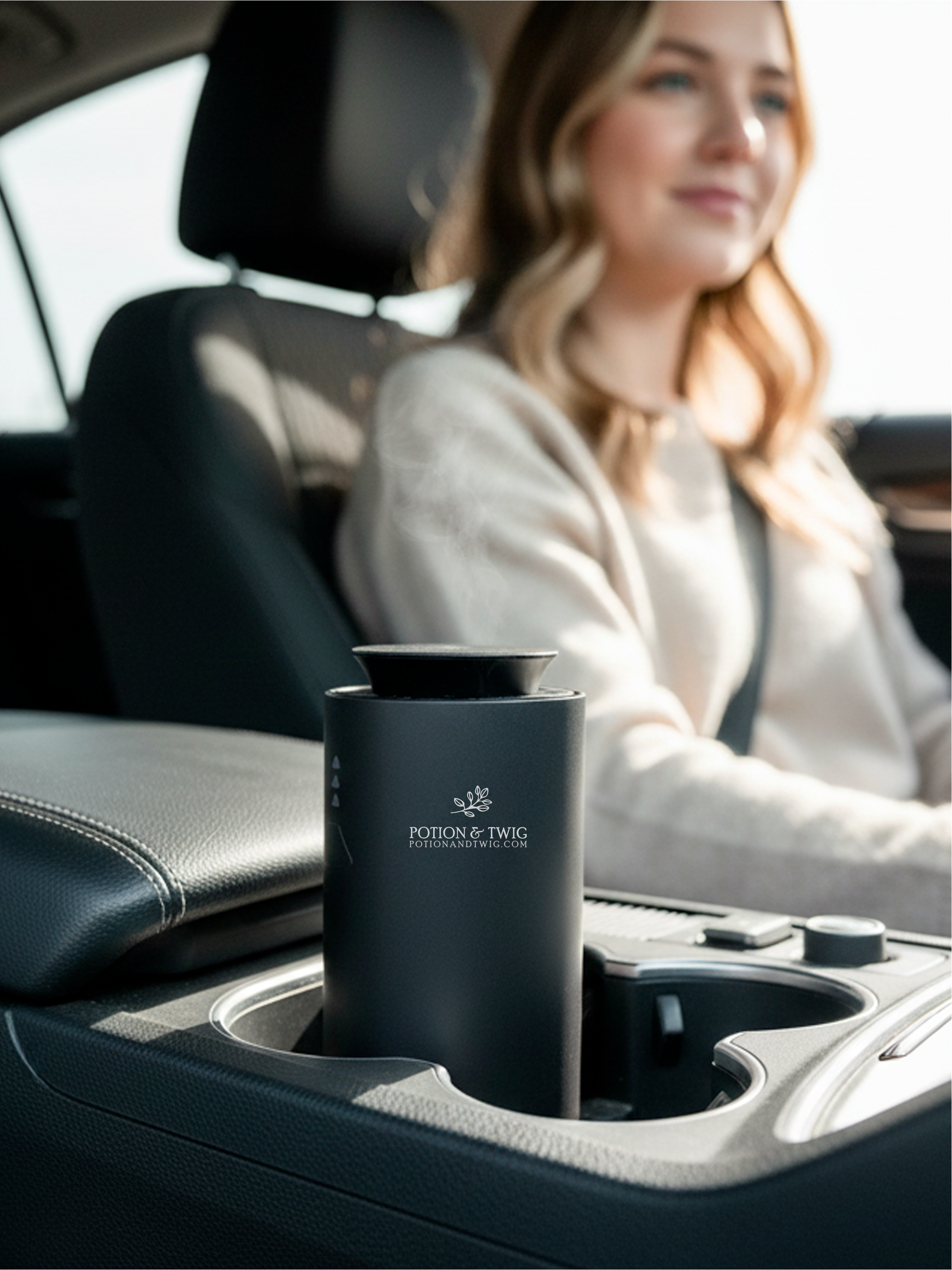 Person sitting in a car with a black Companion scent diffuser in the cup holder.