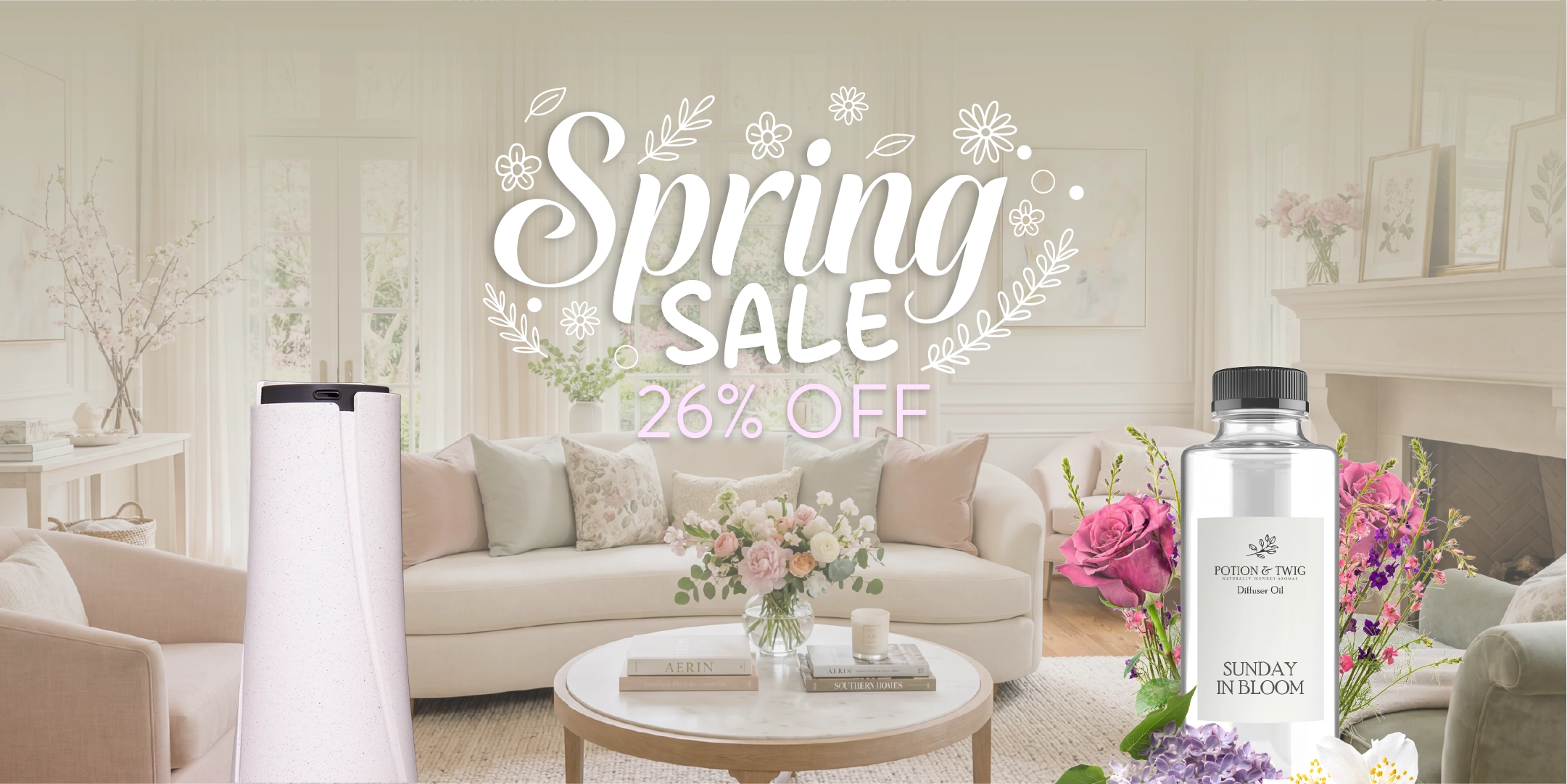 Living room with 'Spring Sale 26% Off' text and products on a light background