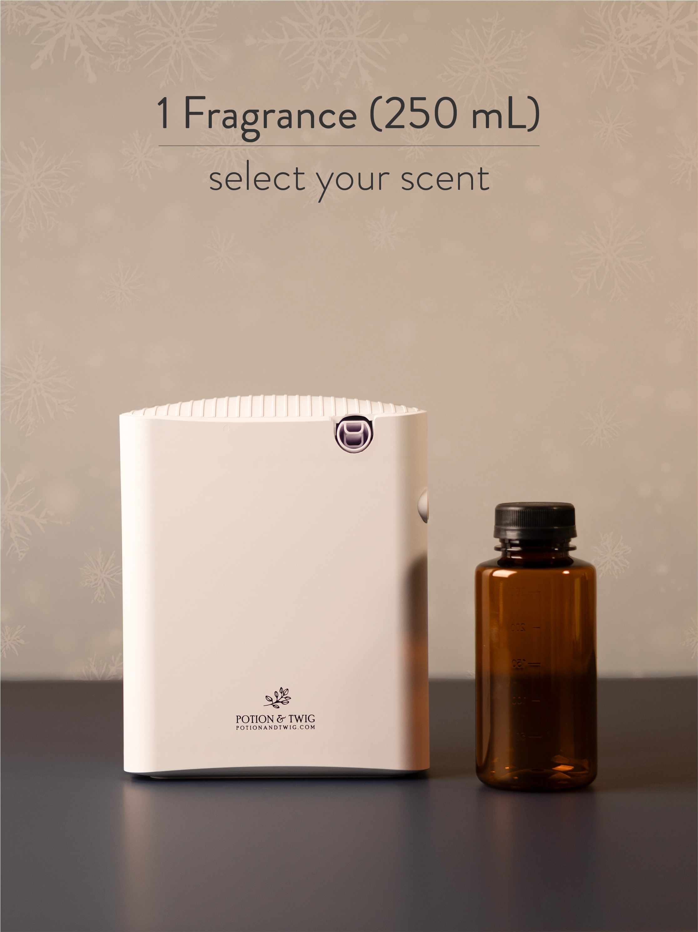 White Gallery scent diffuser next to a bottle of fragrance oil. Text 1 fragrance select your scent