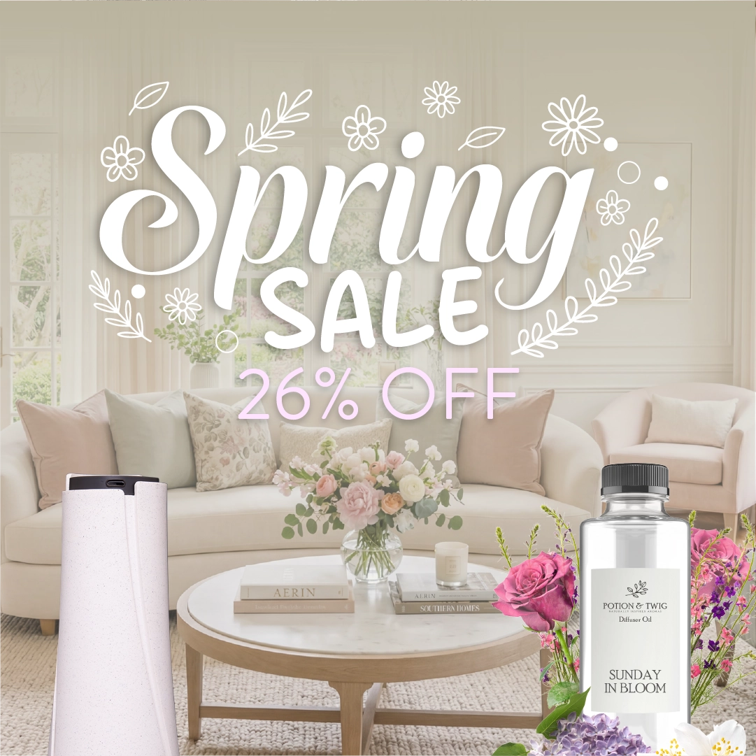 Living room with 'Spring Sale 26% Off' text and products on a light background