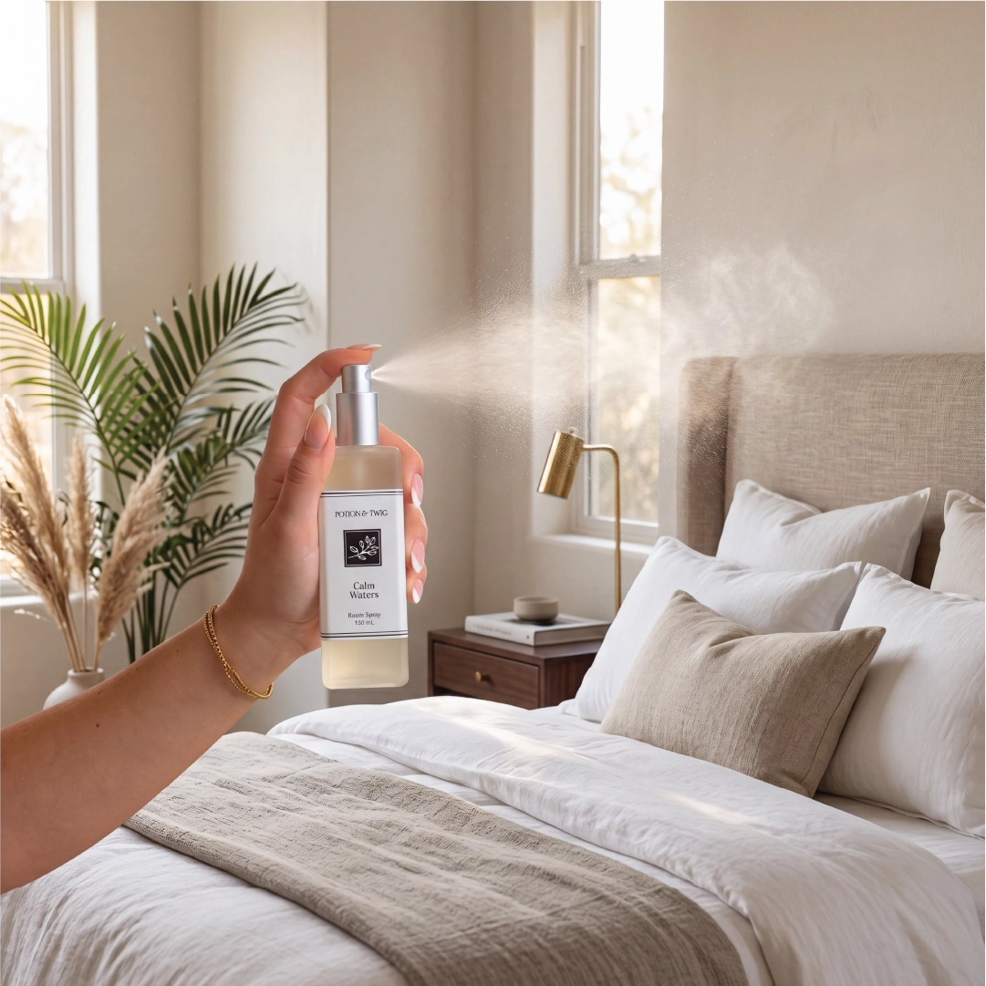 Person spraying a room spray branded "Potion & Twig" into a bedroom