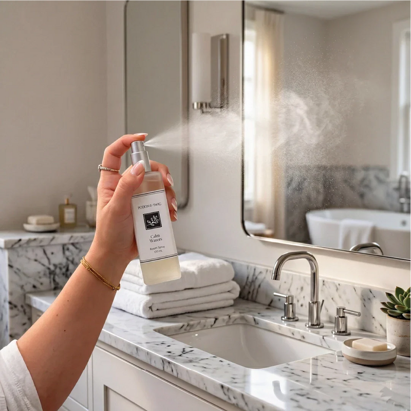 Person holding a bottle of Room Spray branded "Potion & Twig" spraying into the air in a bathroom with marble countertop and bathtub.
